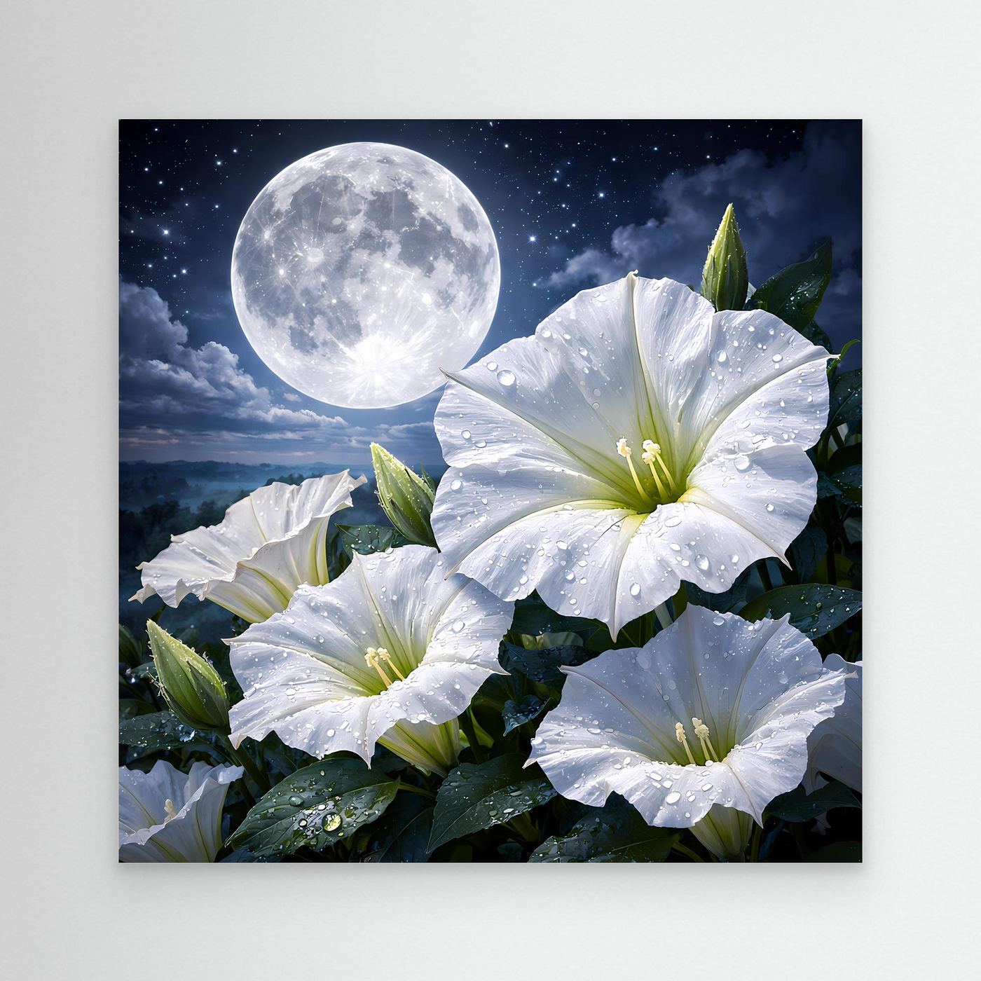 Nahansicht-Wandbild mit weißen Lilien und Vollmond, Sternenhimmel, heller Rahmen