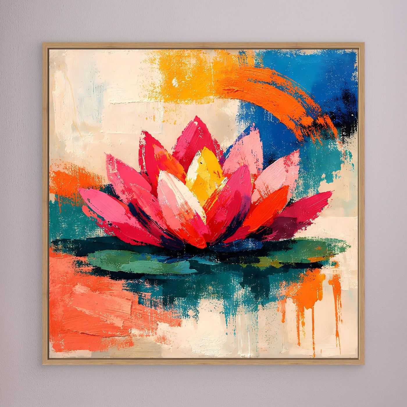 Oak-framed abstract lotus wall art with pink petals, yellow center, and colorful brush textures