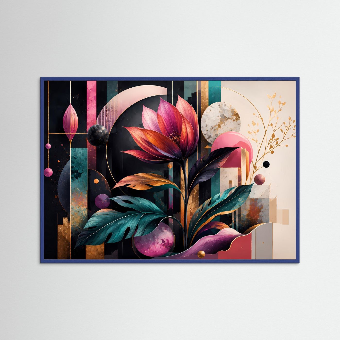 Abstrakte Botanische Blume Wandbild | Moderne Floral Geometrische Kunst | Pink Türkis Gold Botanical Wall Art | Luxus Leinwand Poster | Designer Wohnaccessoire