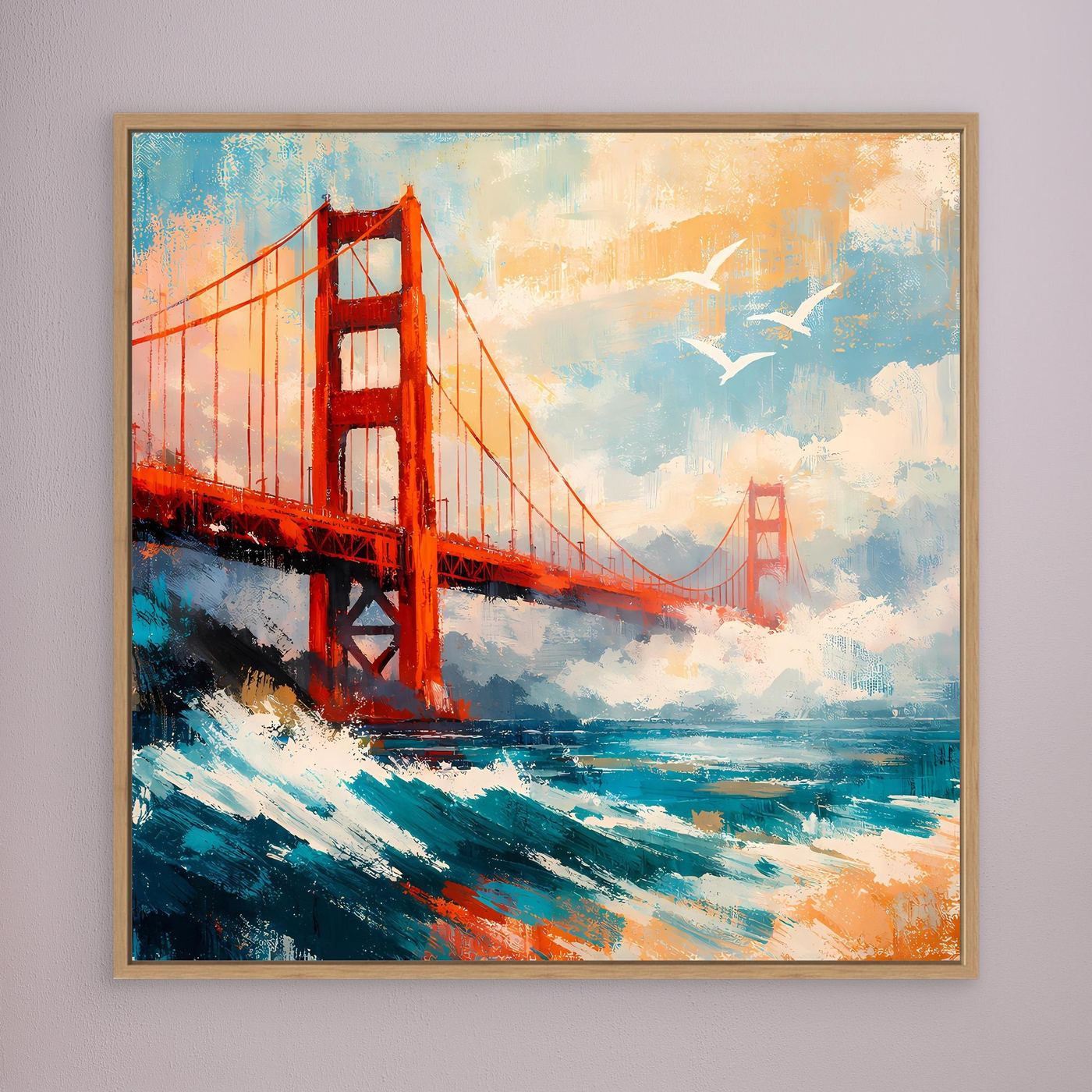 Abstraktes Wandbild Golden Gate Bridge, rote Brücke auf türkisblauem Pinselgrund, goldbraun gerahmt