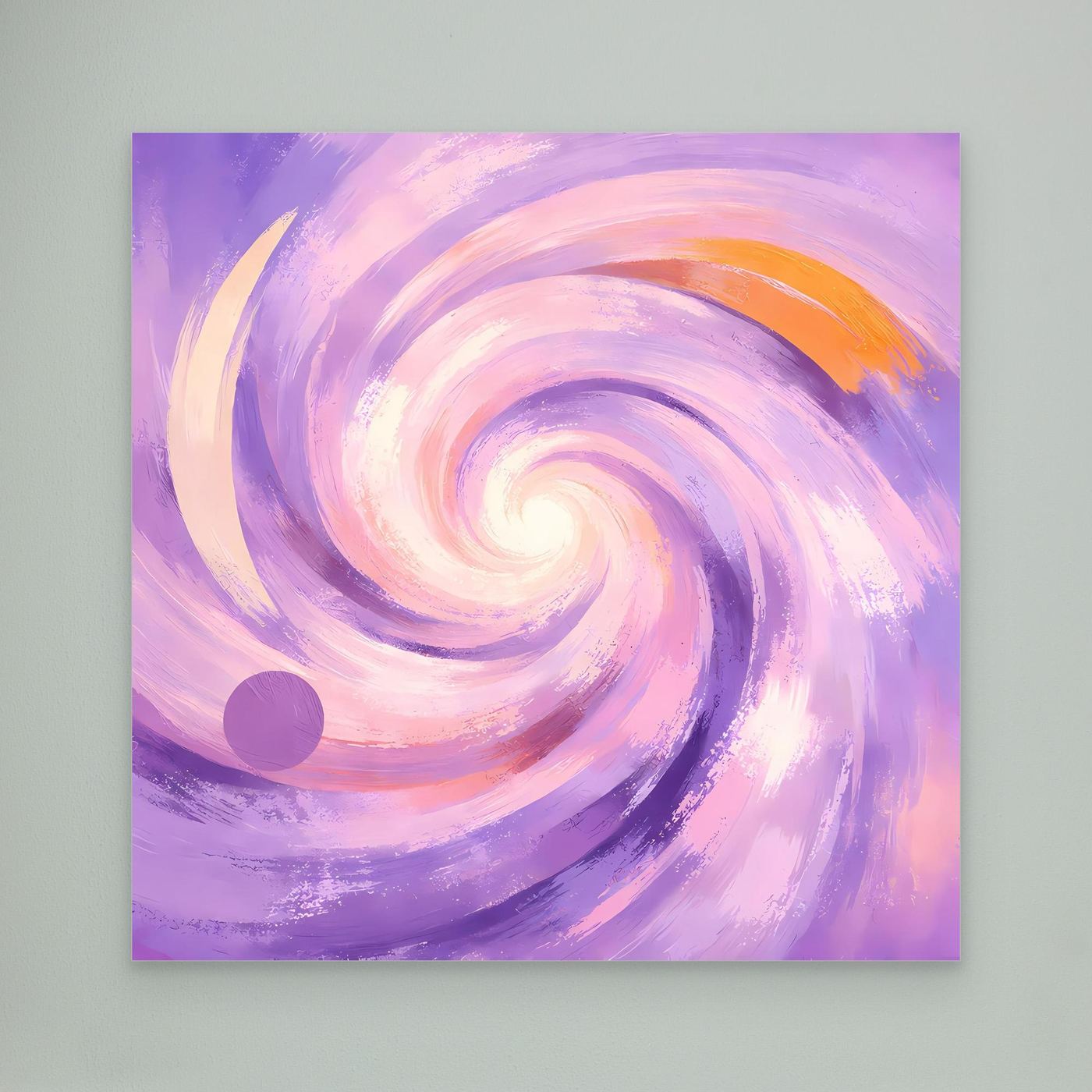 Leinwandbild mit abstraktem Pastell-Wirbel in Flieder und Rosa, orangefarbener Akzent