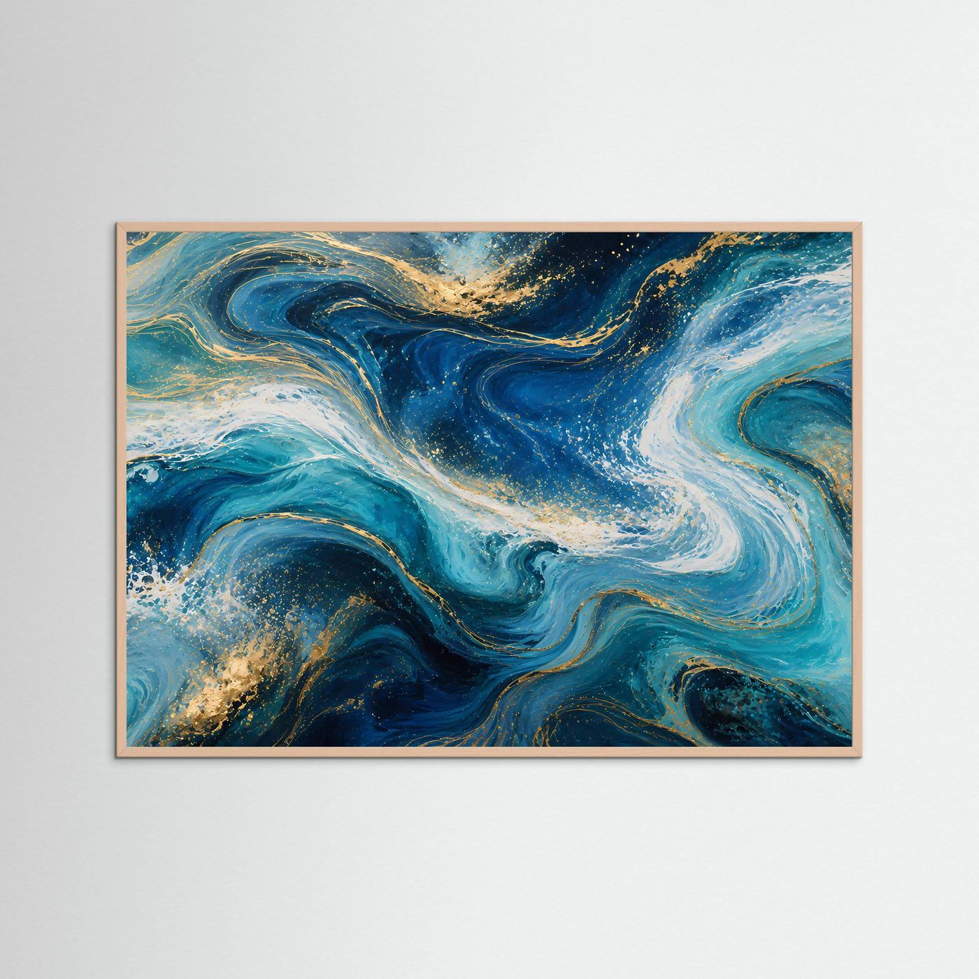 Abstrakte Meereswellen Poster | Ozean Wandbild in Blau Gold | Moderne Fluid Art | Luxuriöse Küstenkunst | Leinwand Wohnzimmer