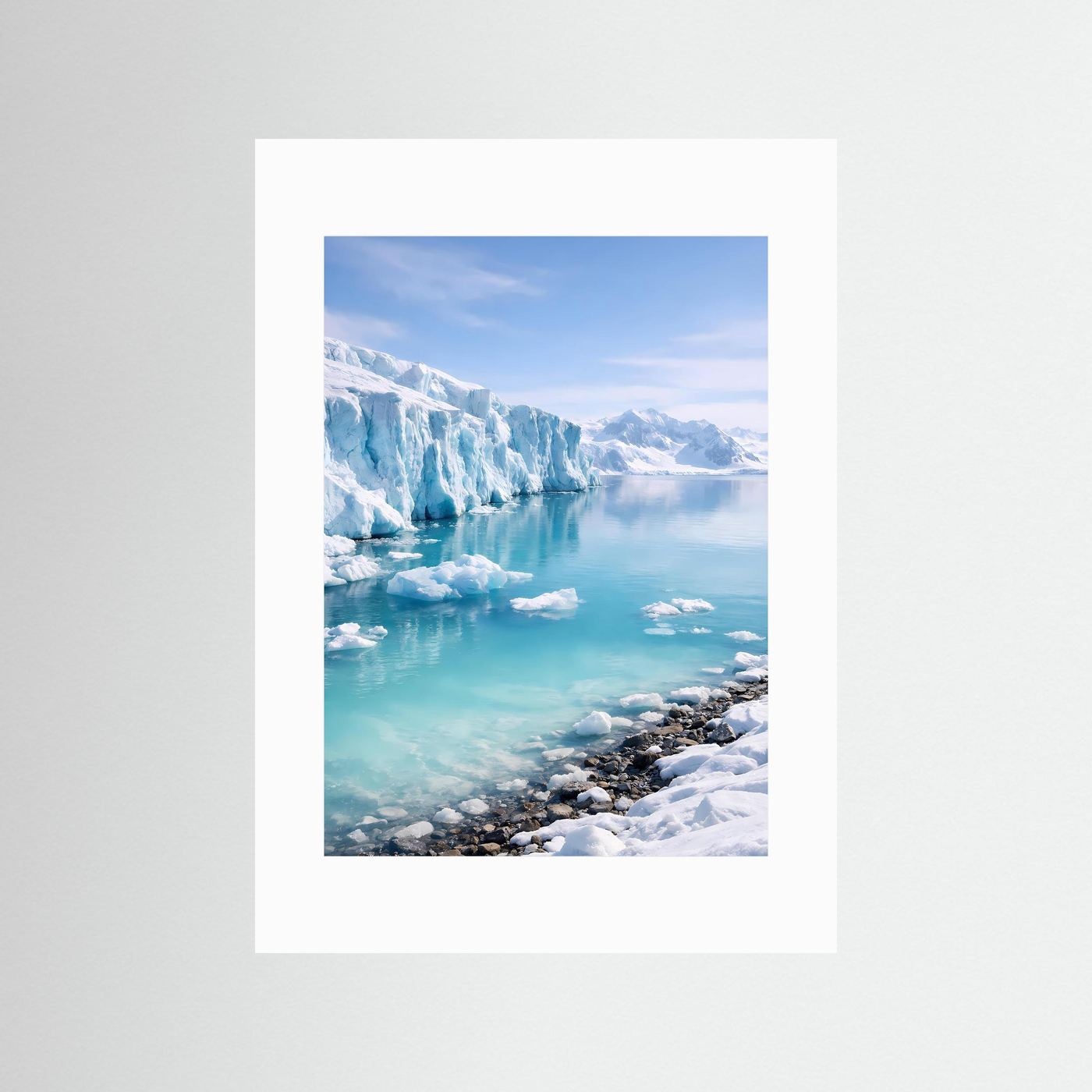 Gletscher-Poster im Hochformat mit weißem Rand, türkisfarbenes Wasser und blaues Gletschereis