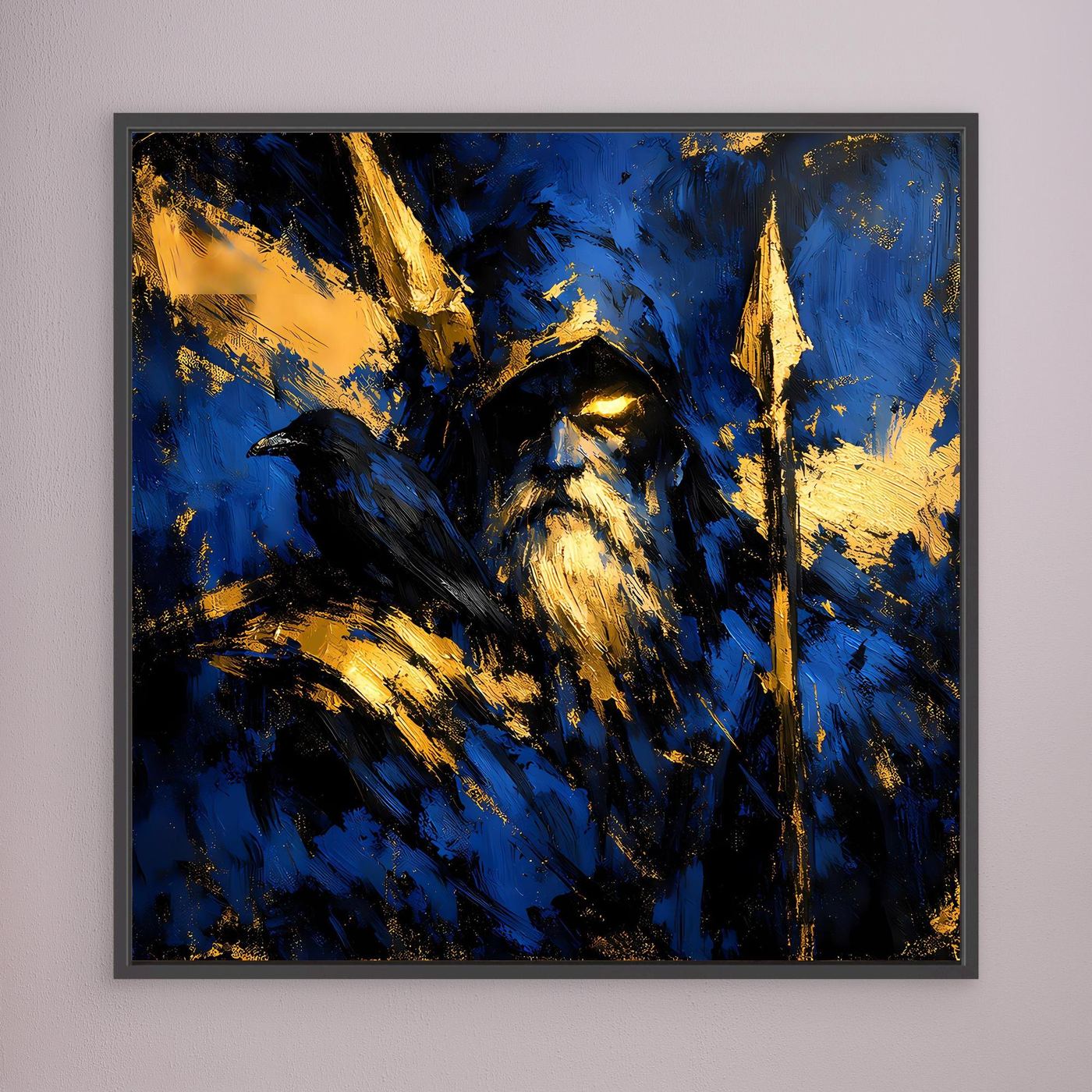 Leinwand Odin der Allvater in Blau und Gold | Modernes Nordische Mythologie Wandbild mit Rabe