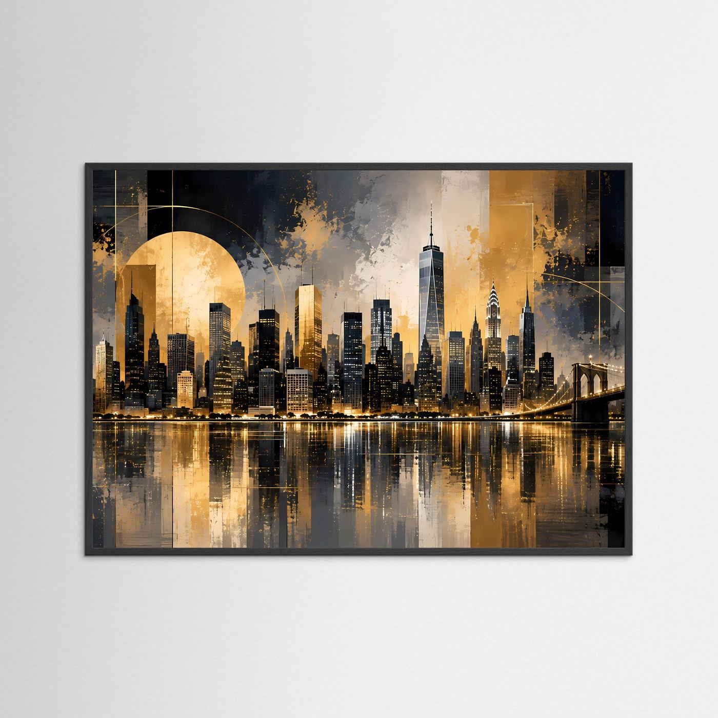 Poster im Querformat mit New-York-Skyline, schwarz-gold, im schwarzen Rahmen