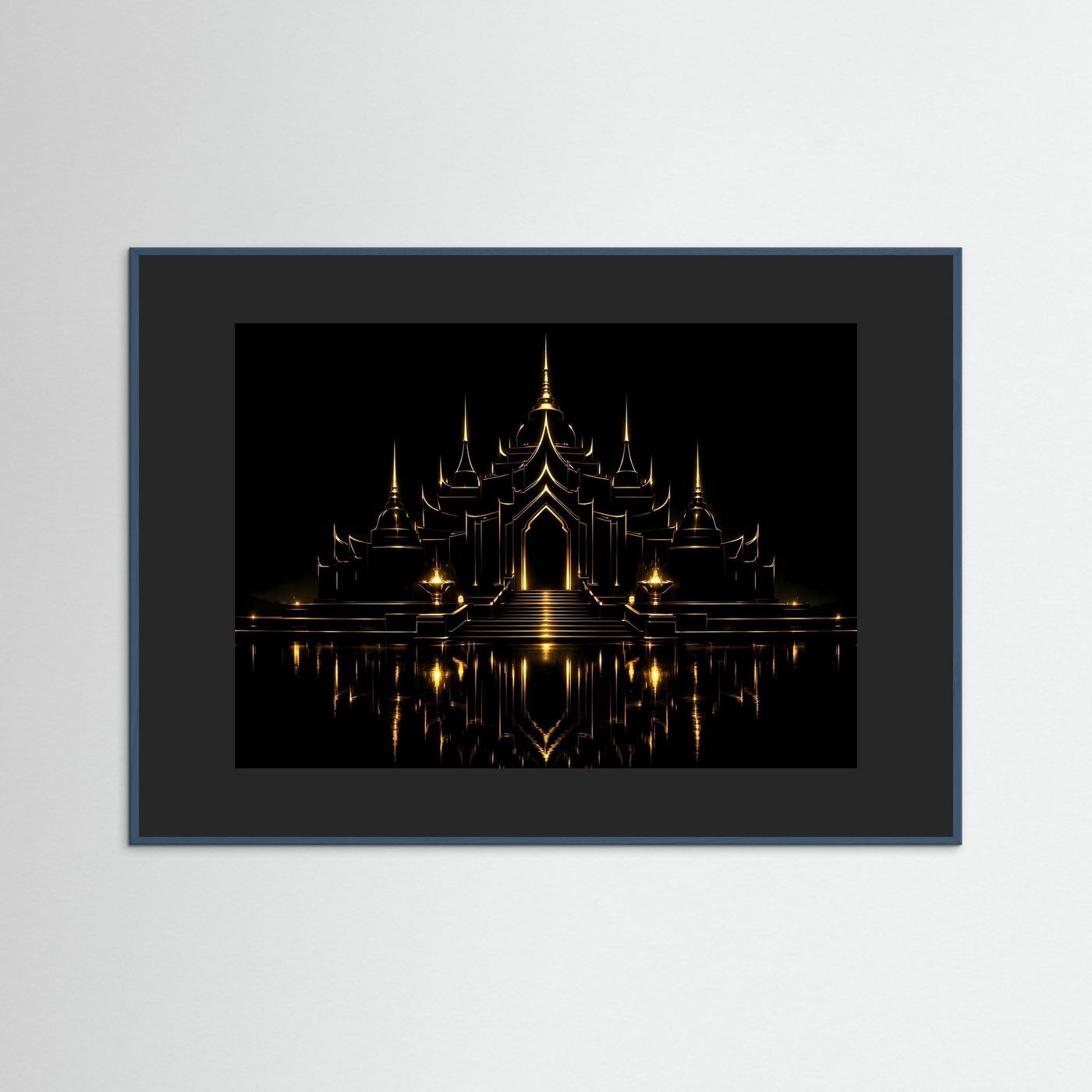 Wandbild mit goldenem Tempel bei Nacht, anthrazitfarbener Rahmen und schwarzes Innenfeld.