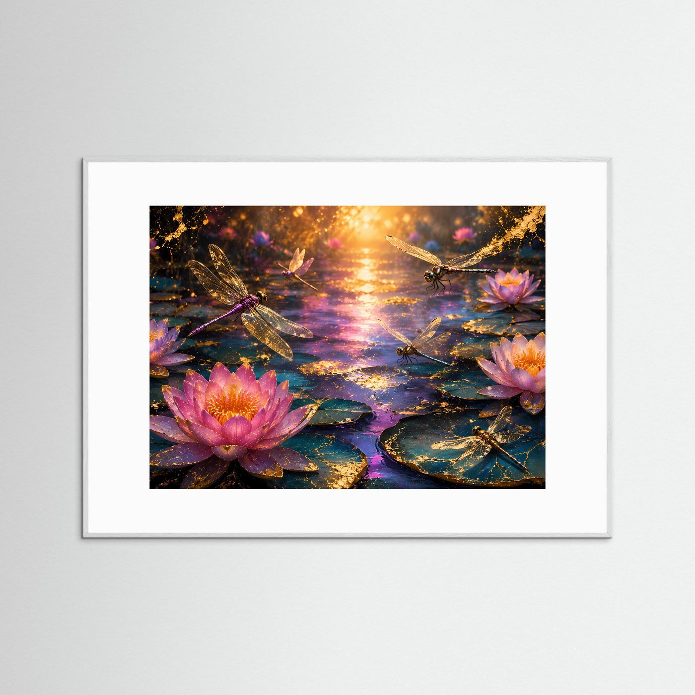 Seerosen & Libellen Poster | Goldene Libellen über Lotusblüten | Magischer Seerosenteich bei Sonnenuntergang | Premium Leinwand & Wall Art