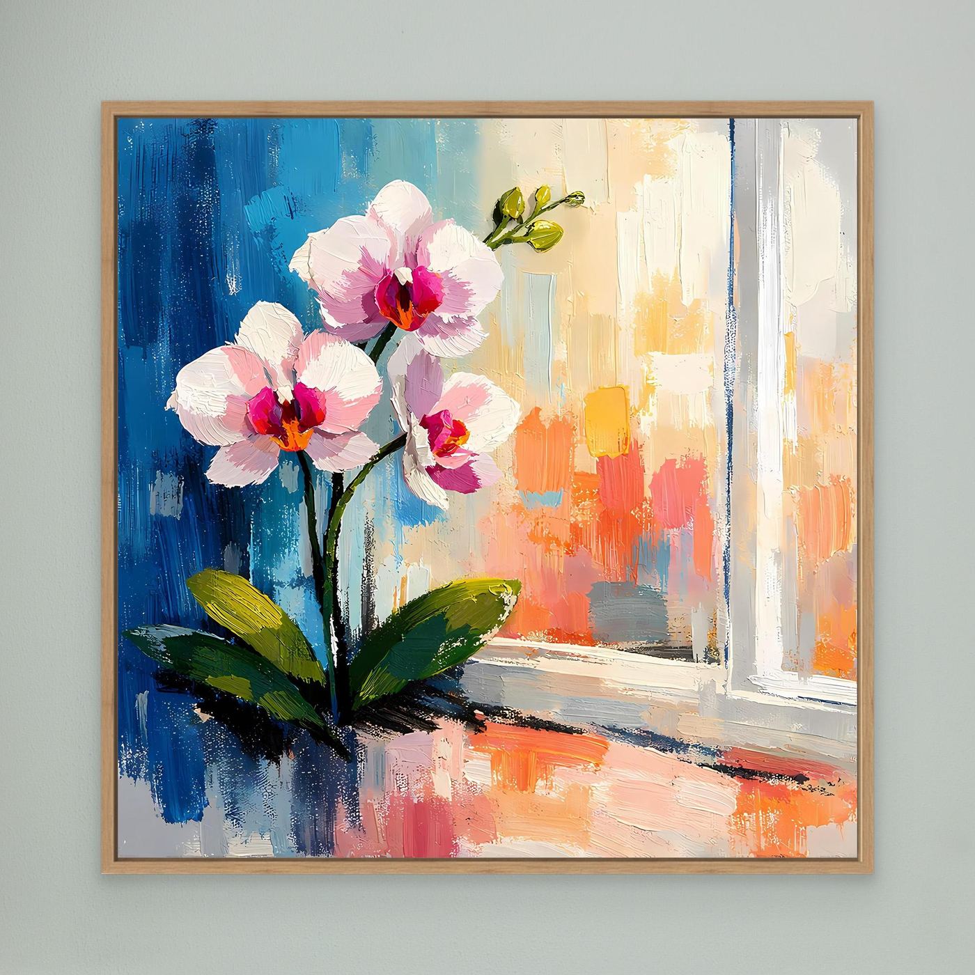 Leinwandbild mit weißen Orchideenblüten und Fensterlandschaft, brauner Holzrahmen