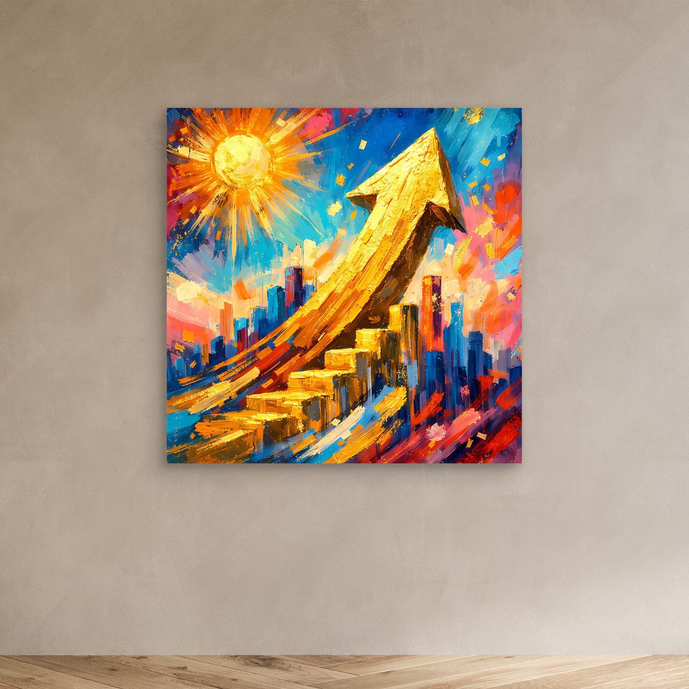 Leinwandbild ohne Rahmen mit abstrakter Skyline und goldenem Pfeil, popartiger Farbverlauf