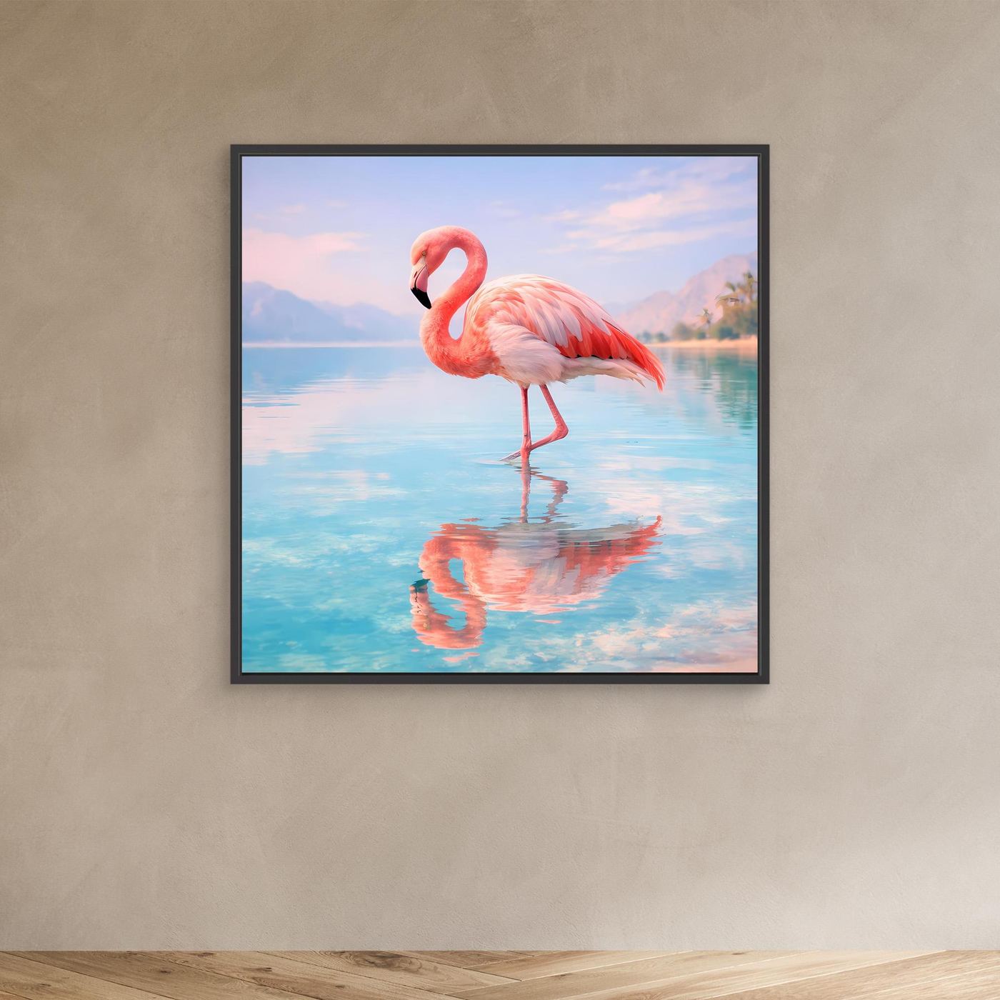 Wandbild mit Flamingo am See, schwarzer Rahmen