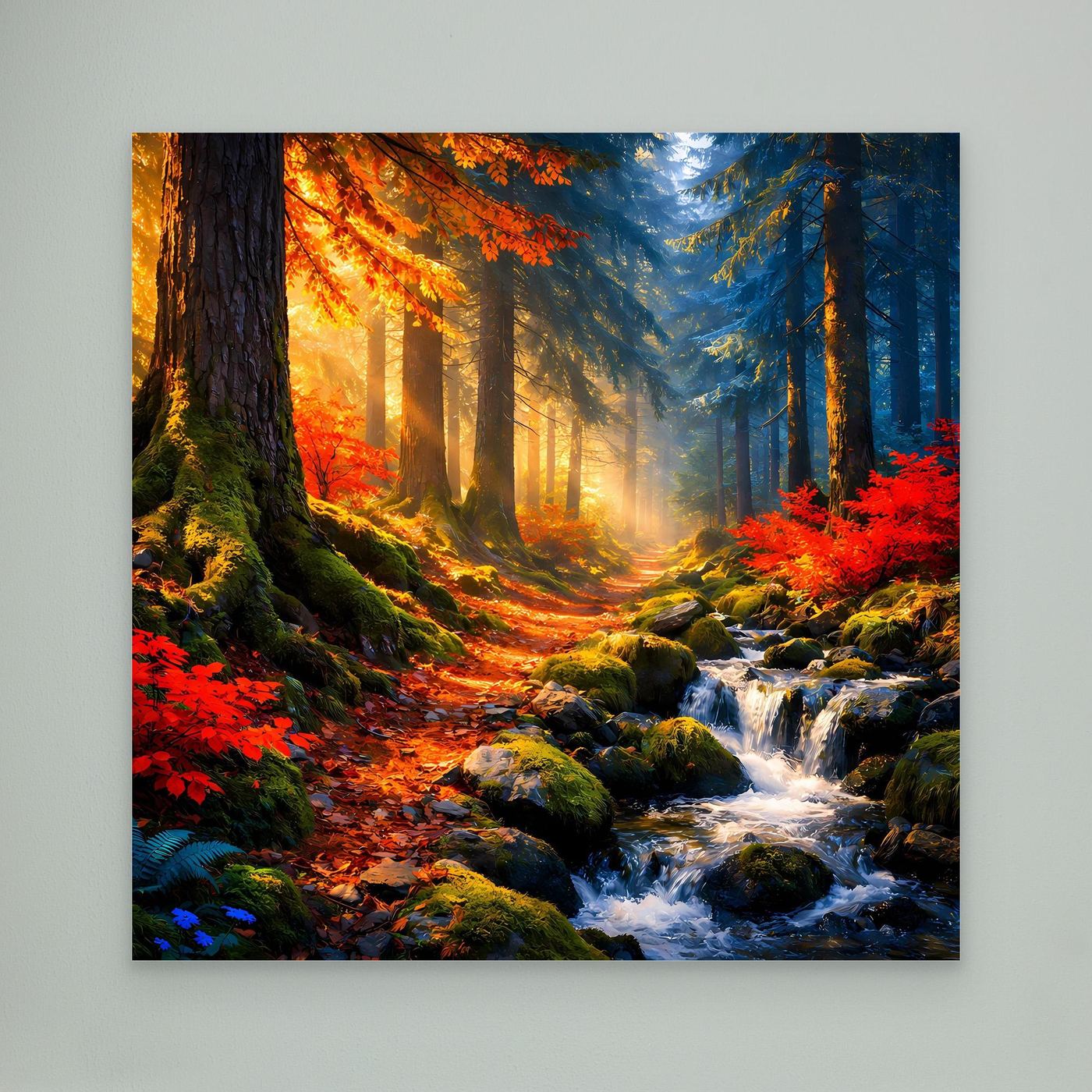 Wandbild Leinwand ohne Rahmen: Herbstwaldweg mit Bach über Steinen und roten Blättern