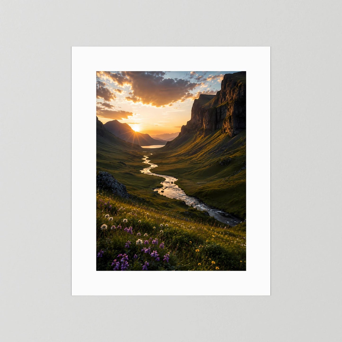 Hochformat-Poster mit weißem Passepartout, Landschaftsmotiv mit Fluss und blühenden Wiesen