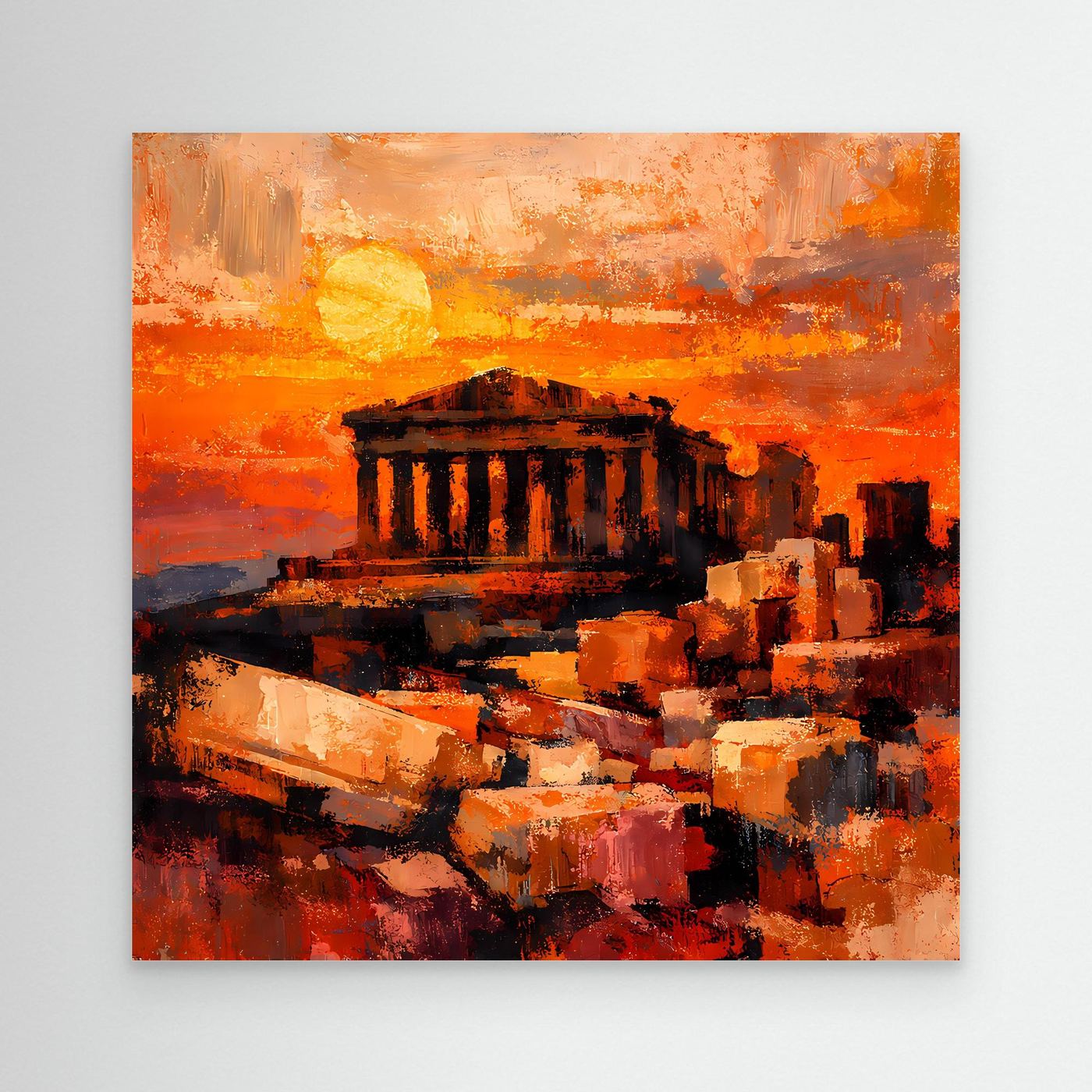 Leinwandbild Akropolis-Motiv im Sonnenuntergang, orange-rote Farbflächen, abstrakte Strukturen