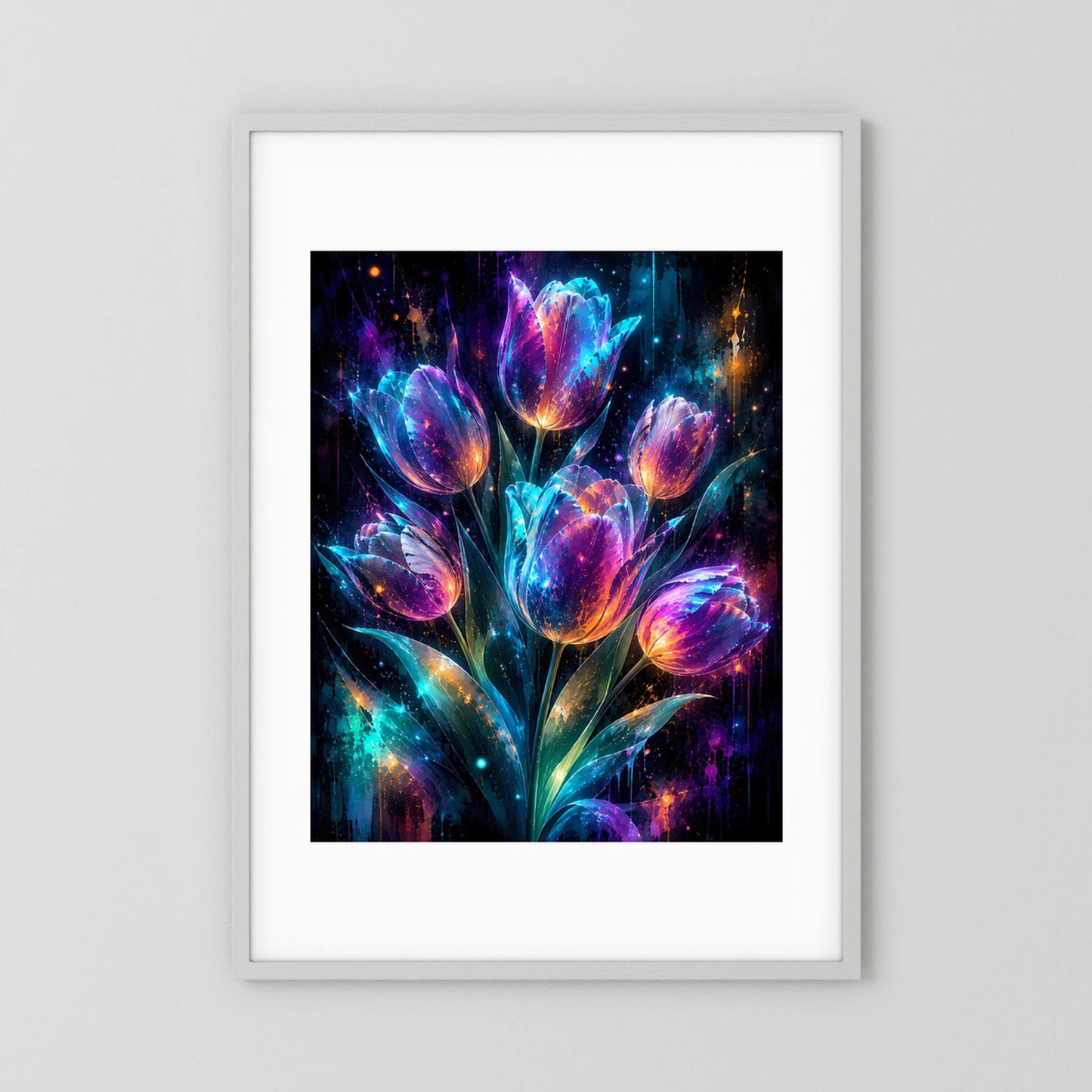Leuchtende Tulpen in Neonfarben | Magische Blumen Kunst | Poster Hochformat