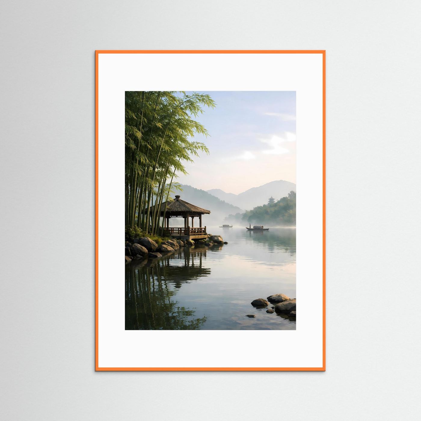 Wandbild mit asiatischer Flusslandschaft, hellem Holzrahmen und orangefarbenem Rahmenrand