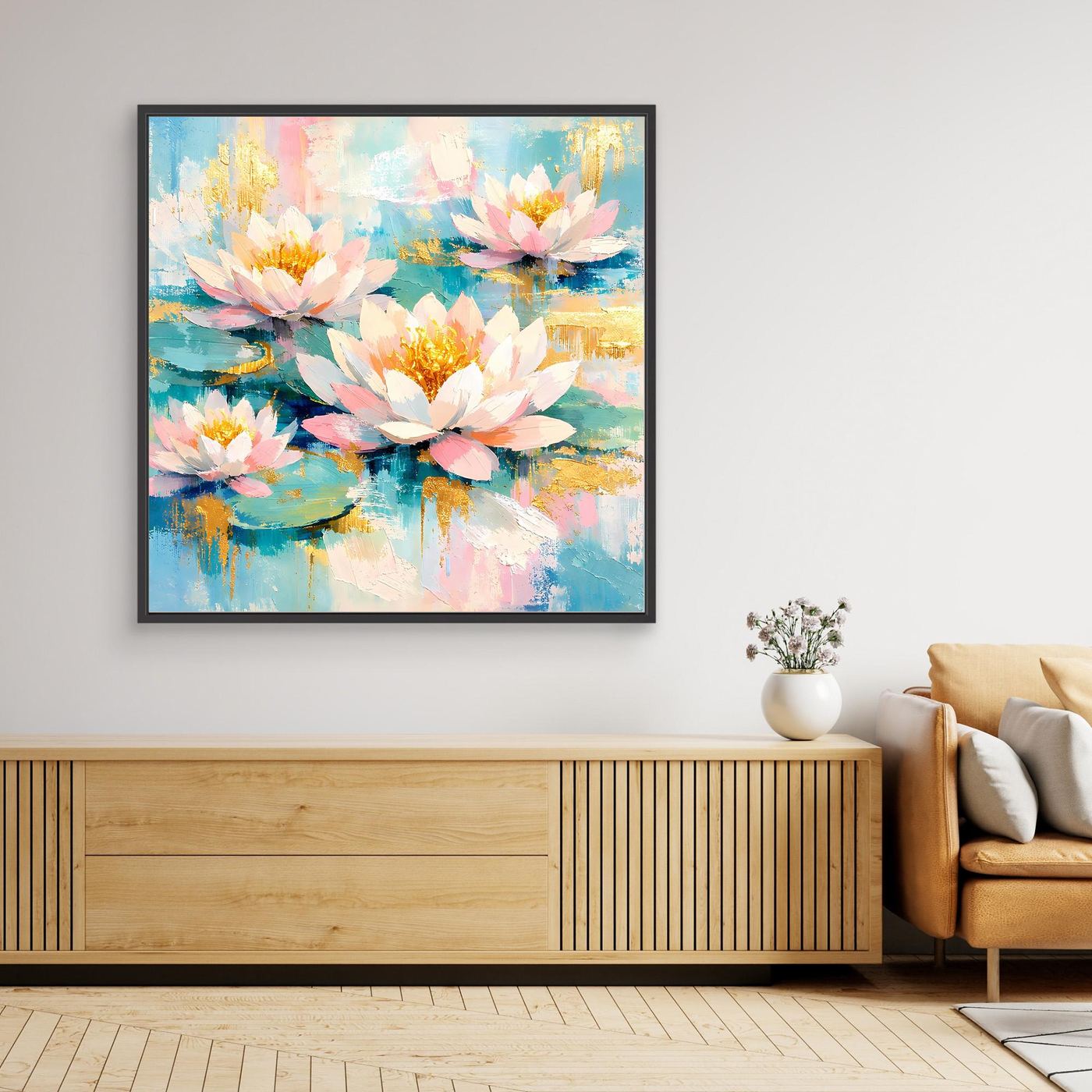 Leinwandbild mit Seerosen und abstraktem Wasser, rosa Blüten, schwarzer Rahmen