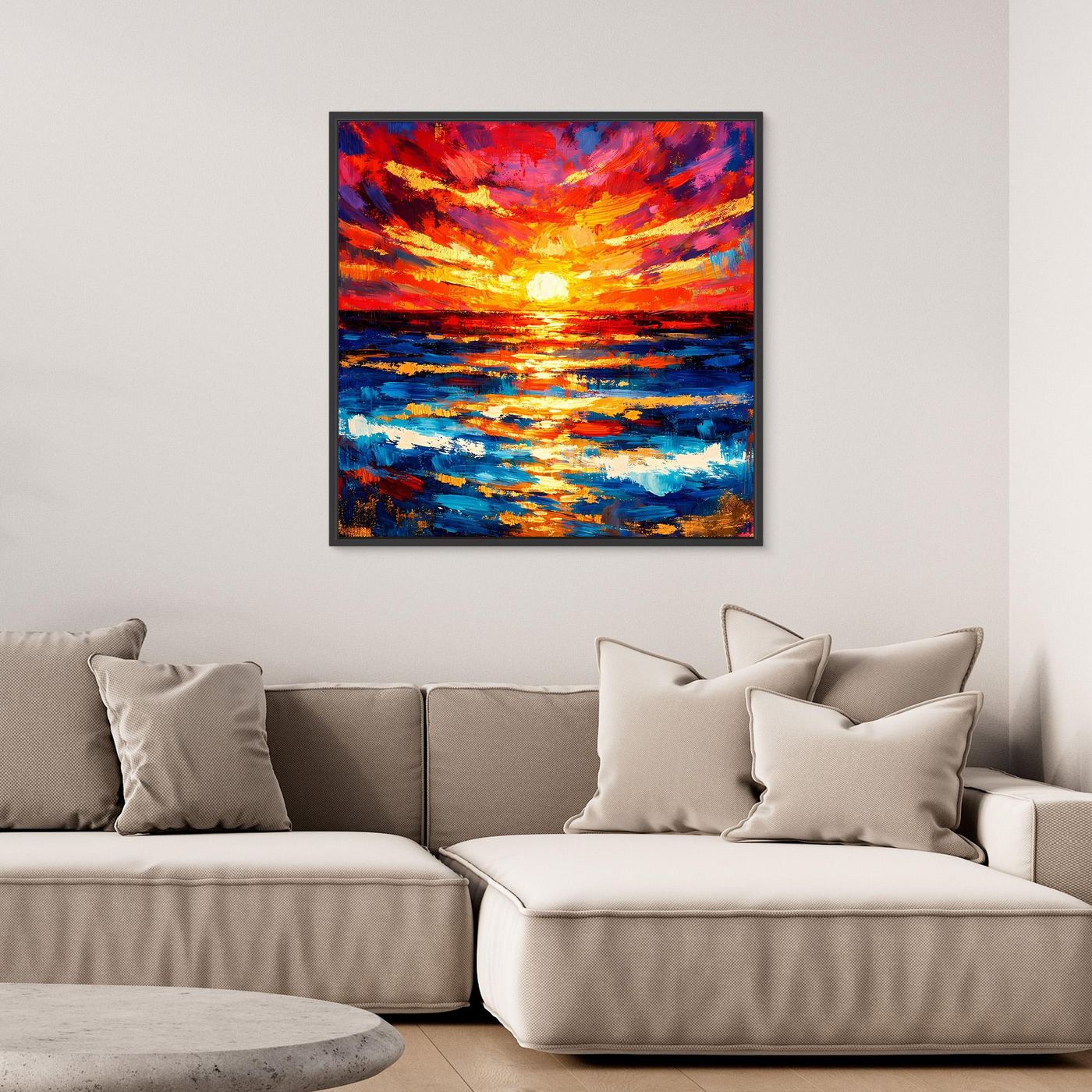 Leinwandbild Sonnenuntergang über dem Meer, abstrakt gemalt, dunkler Rahmen