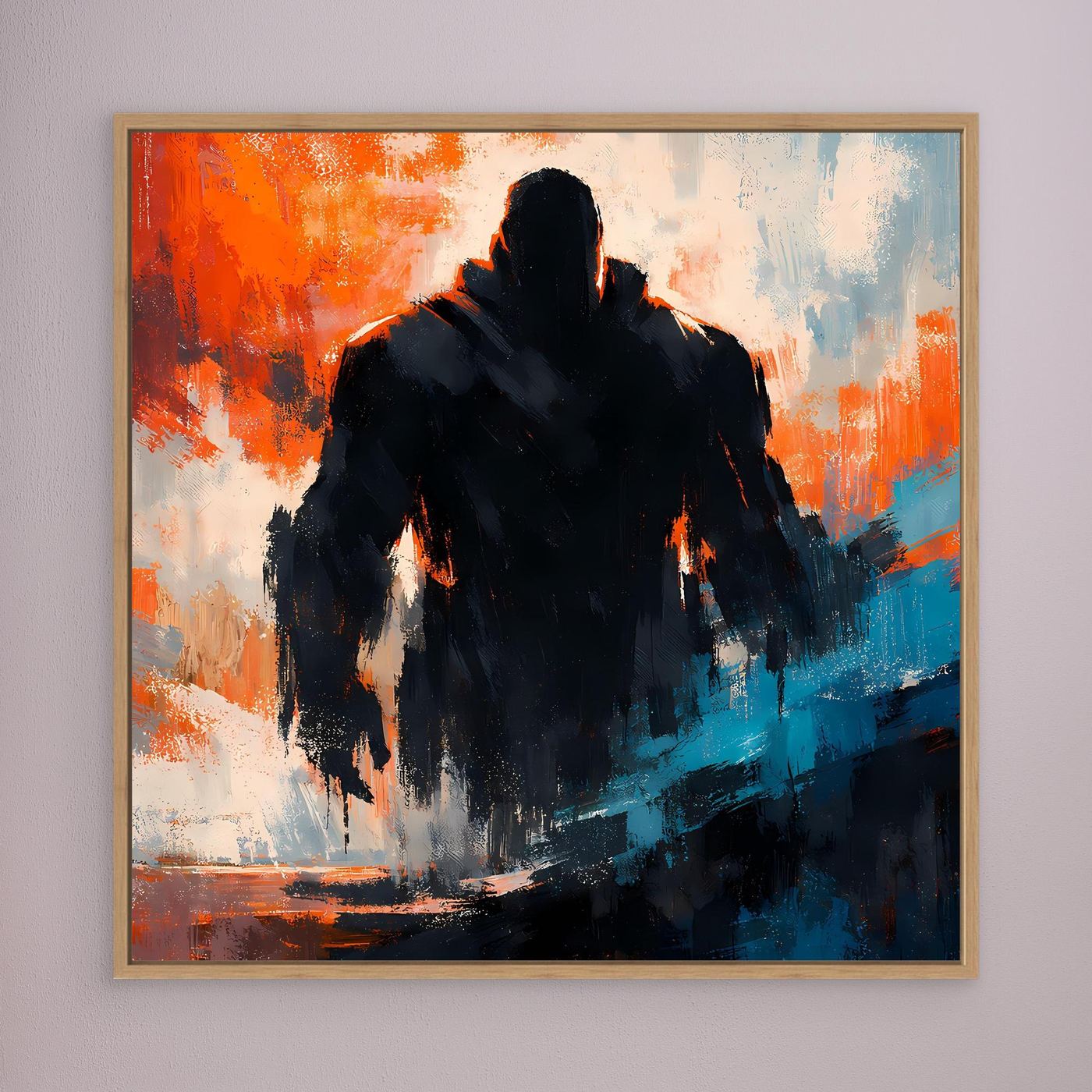 Gerahmtes Leinwandbild mit dunkler Silhouette, orange-blau abstrakt, Holzrahmen