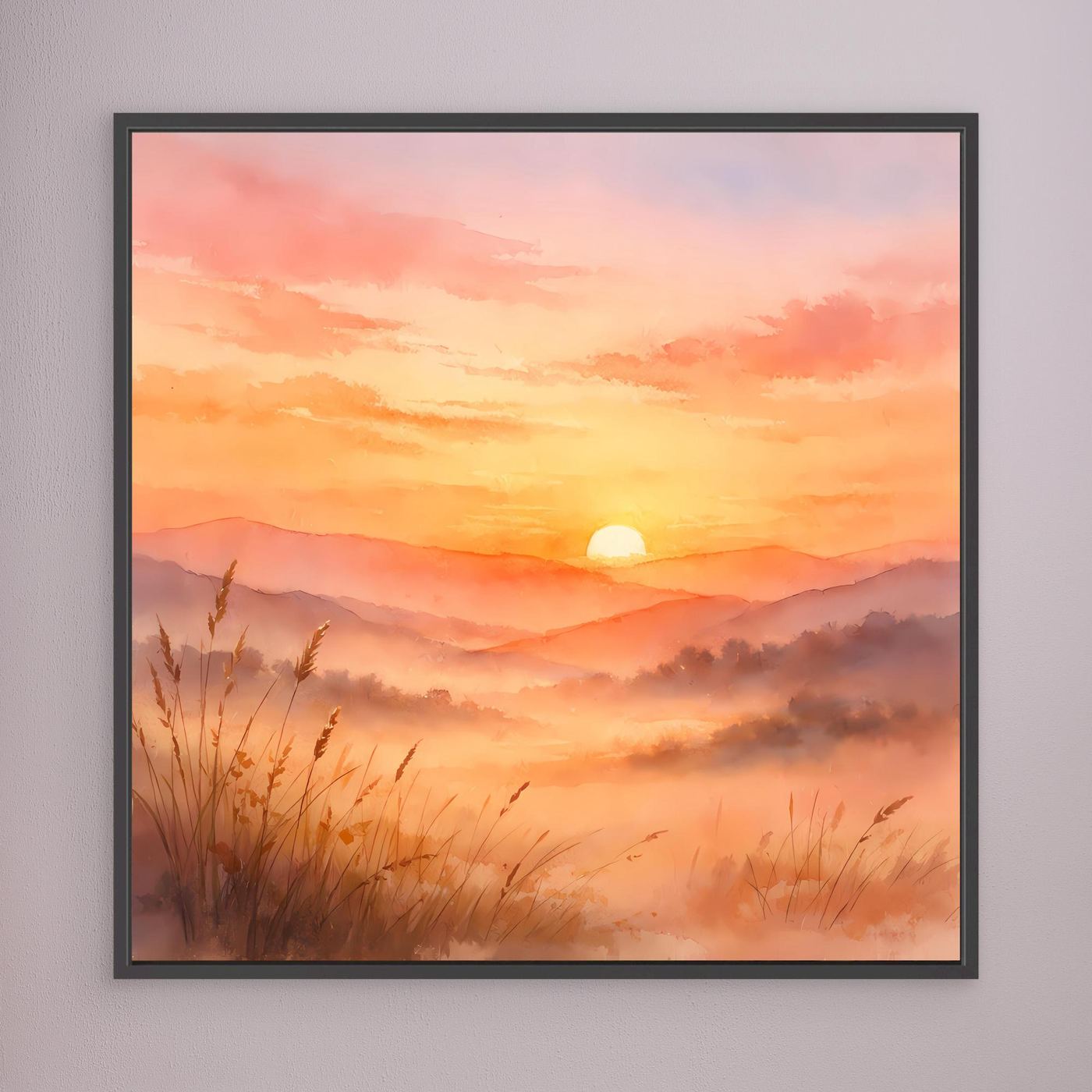 Leinwandbild Sonnenuntergang mit warmen Aquarellfarben und schwarzem Rahmen