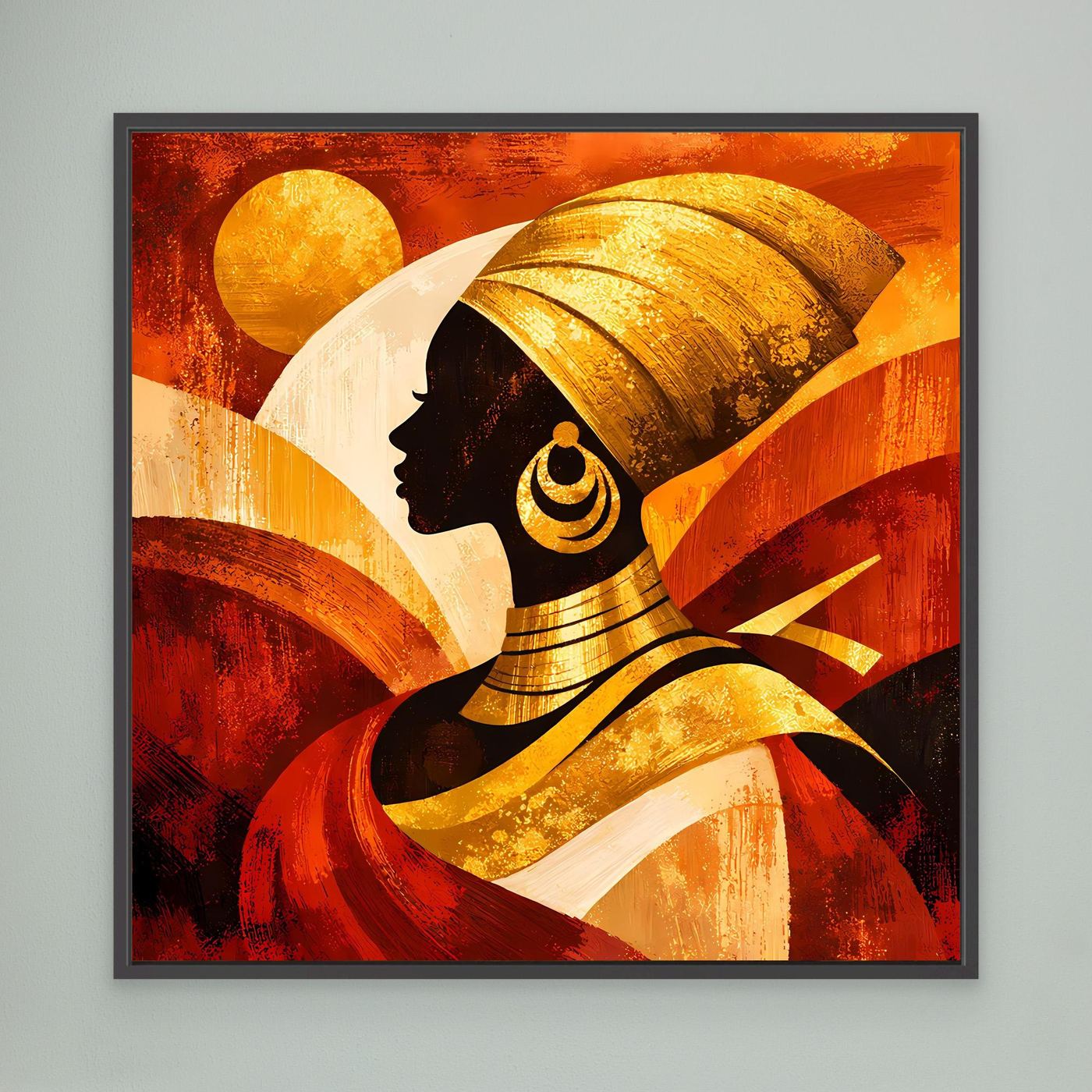Gerahmtes Leinwandbild: Frauensilhouette in Gold, Rot und warmen Orangeflächen