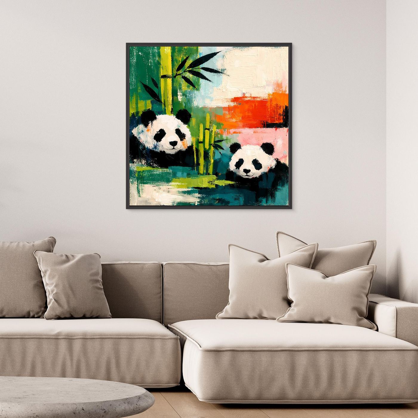 Abstract panda wall art with two pandas in bamboo, black frame.