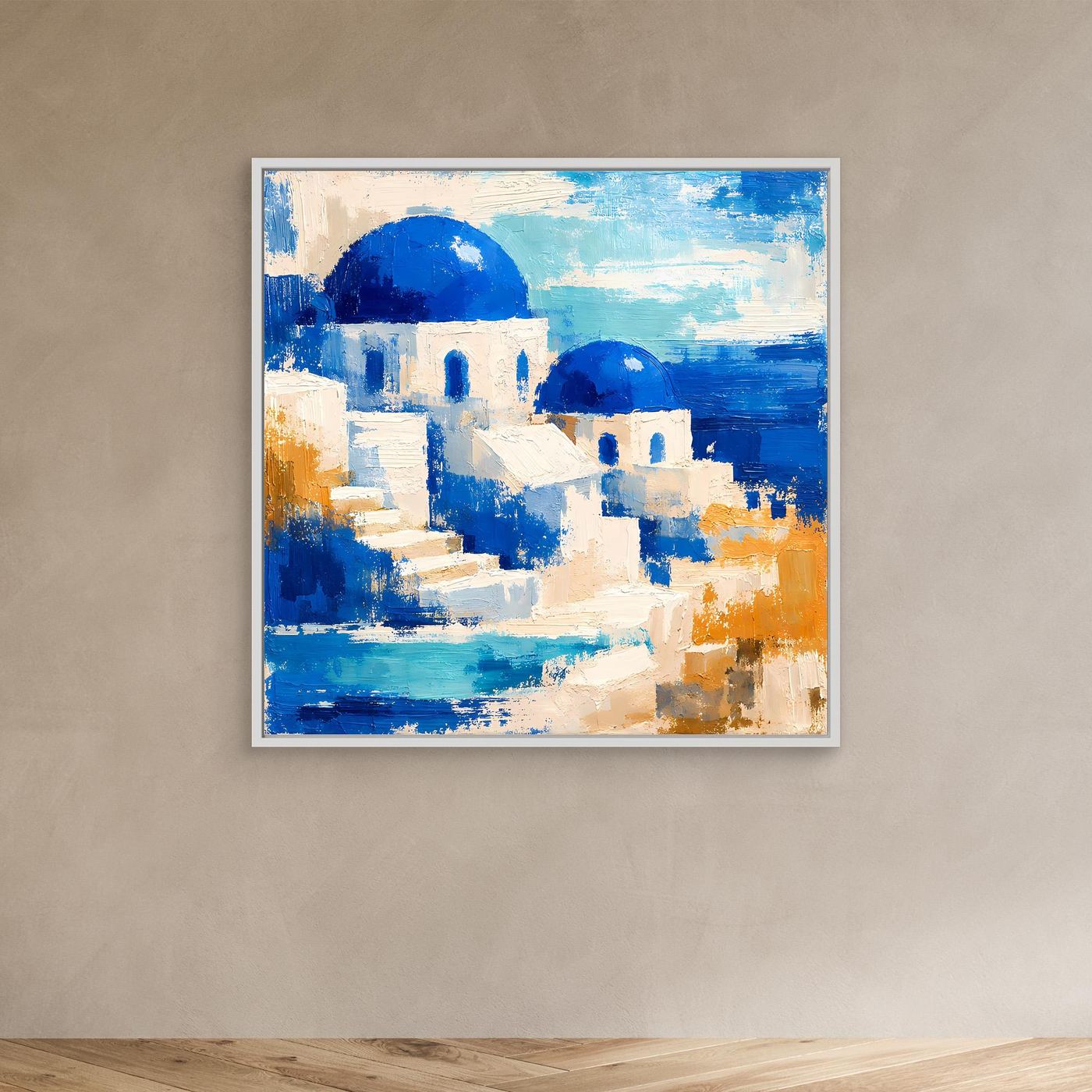 Leinwand Blau-weiße Häuser auf Santorin | Abstraktes Griechenland Wandbild