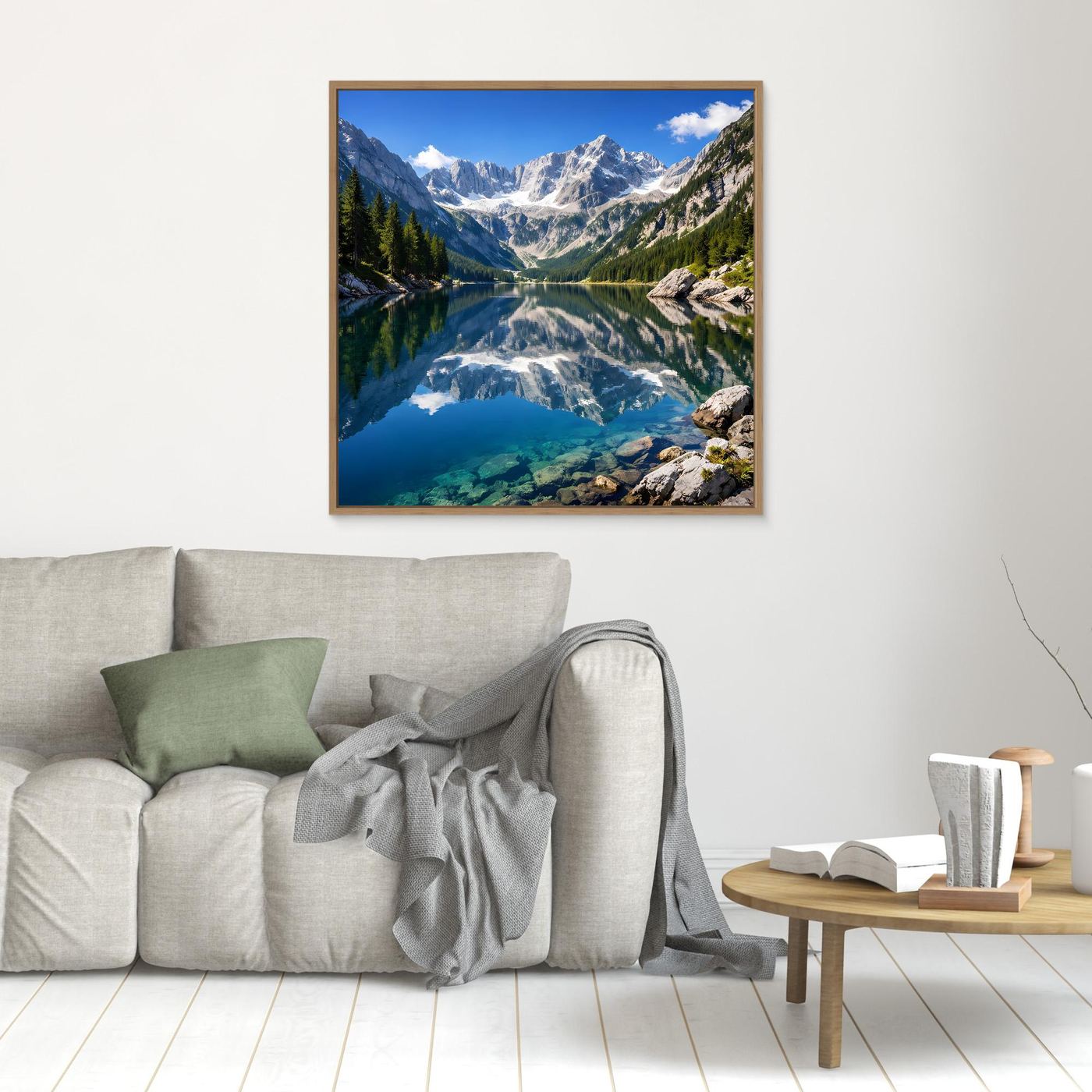 Gerahmtes Leinwandbild mit Bergsee und Alpenpanorama, Spiegelung im kristallblauen Wasser
