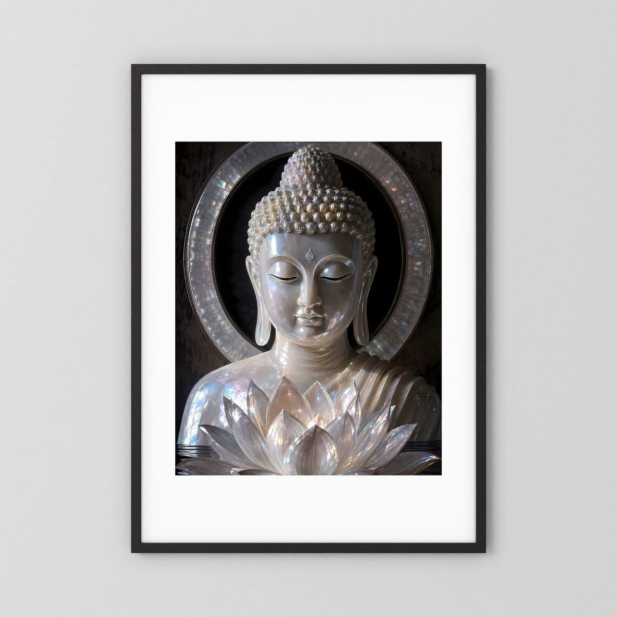 Wandposter mit Buddha und Lotusblüten im Kreis, silberfarben, schwarzer Rahmen