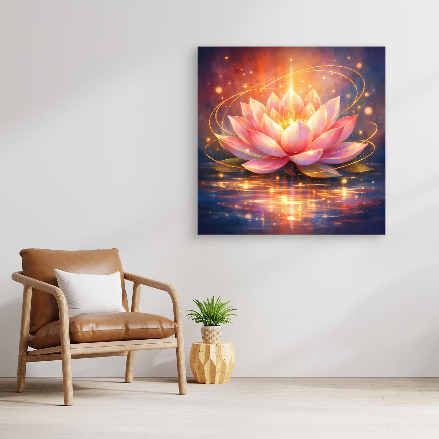 Leinwandbild Leuchtende Lotusblüte mit Rahmen, pink-gelbe Blüte über Wasserreflexen