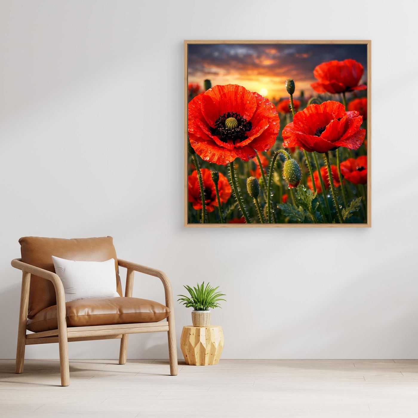 Leinwand-Wandbild mit roten Mohnblüten und Abendhimmel im hellen Rahmen