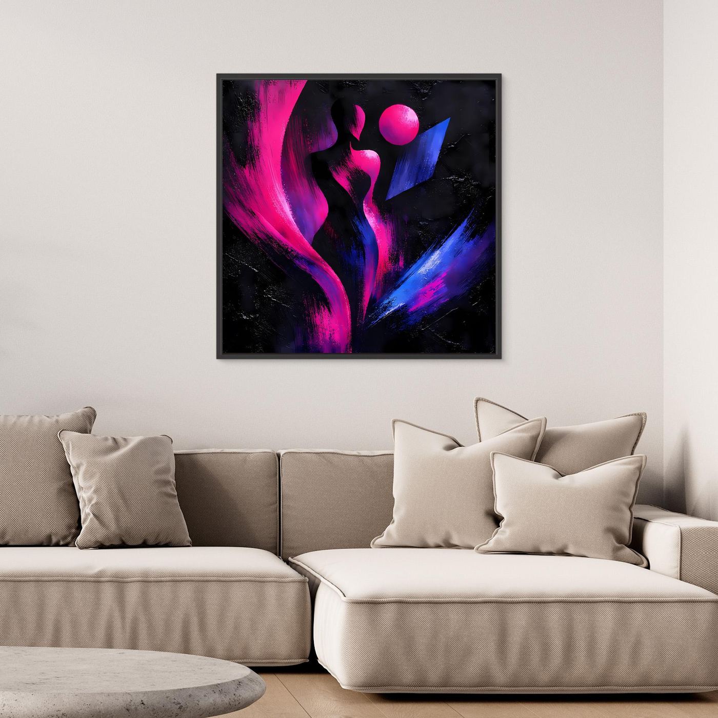 Leinwandbild mit abstrakter Silhouette in Neon Pink/Blau auf dunklem Hintergrund, schwarzer Rahmen