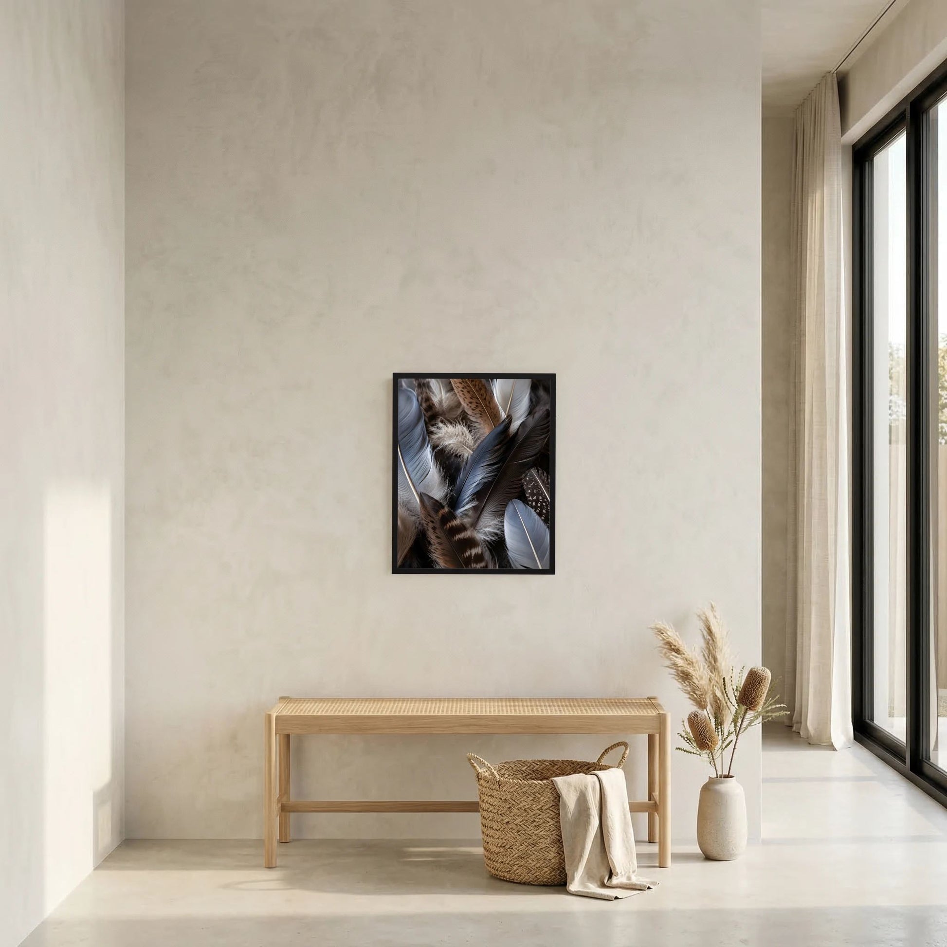 Kunstposter mit Federbild im schwarzen Rahmen an heller Wand