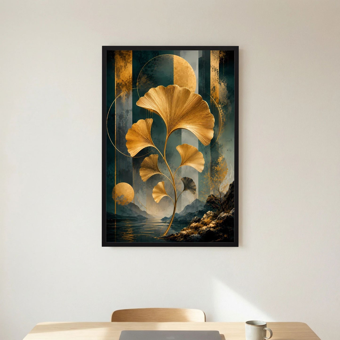 Abstraktes Ginkgo-Poster im schwarzen Rahmen mit goldenen Blättern vor farbiger abstrakter Fläche