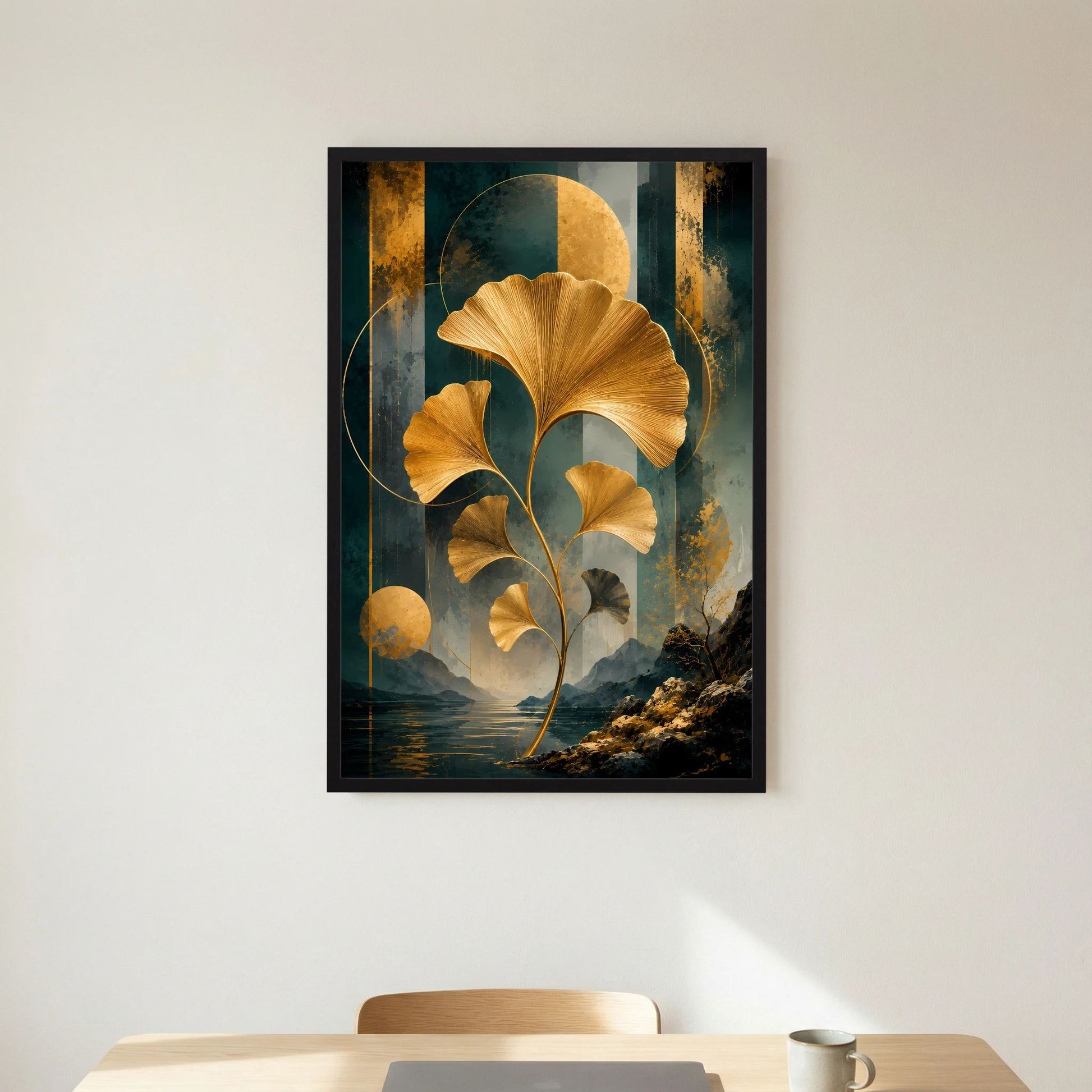 Abstraktes Ginkgo-Poster im schwarzen Rahmen mit goldenen Blättern vor farbiger abstrakter Fläche