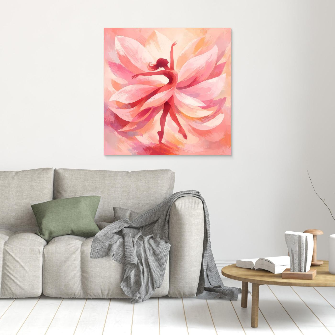 Leinwandbild mit rosa Blütenmotiv und dunkler Tänzerinnen-Silhouette, quadratisch