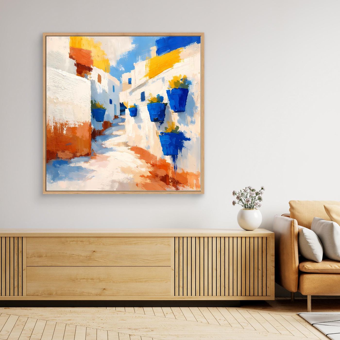 Leinwand Griechische Gasse mit blauen Blumentöpfen | Abstraktes Santorin Wandbild