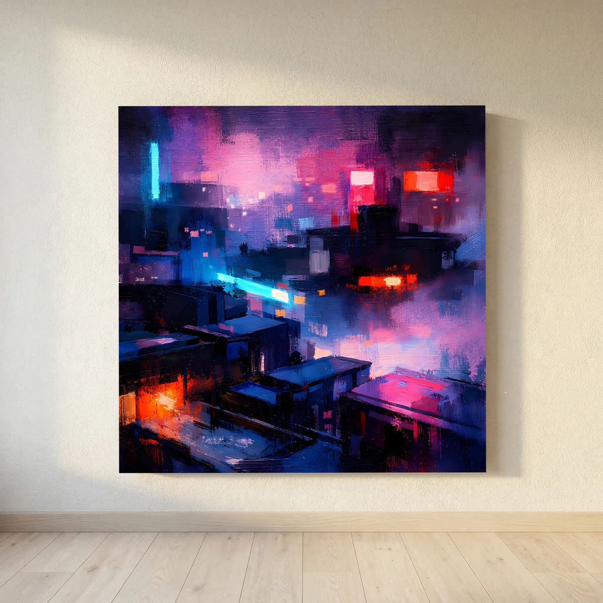 Leinwand-Wandbild mit abstrakter Neon-Stadtlandschaft, farbige Lichtreflexe in Dunkelblau