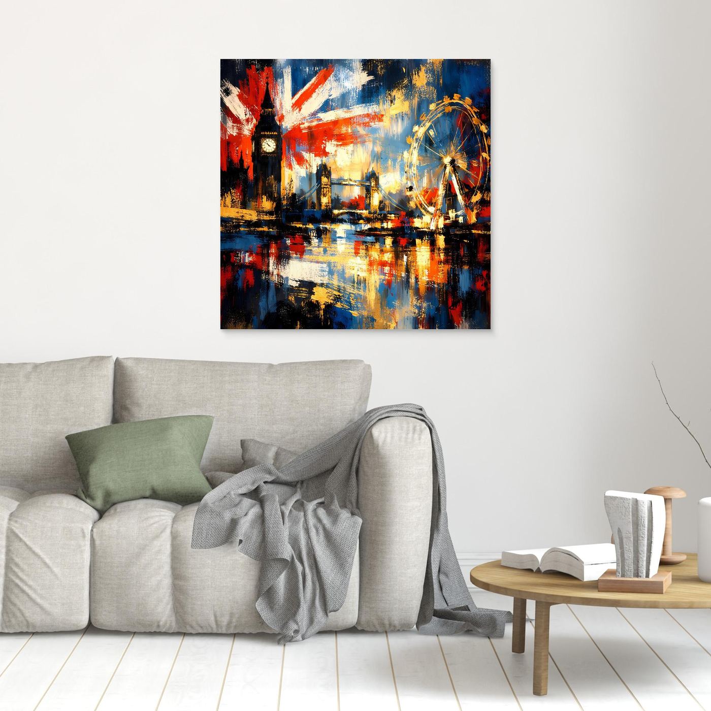 Abstraktes Leinwandbild im kleinen Format: Skyline mit Union-Jack-Farben und Riesenrad