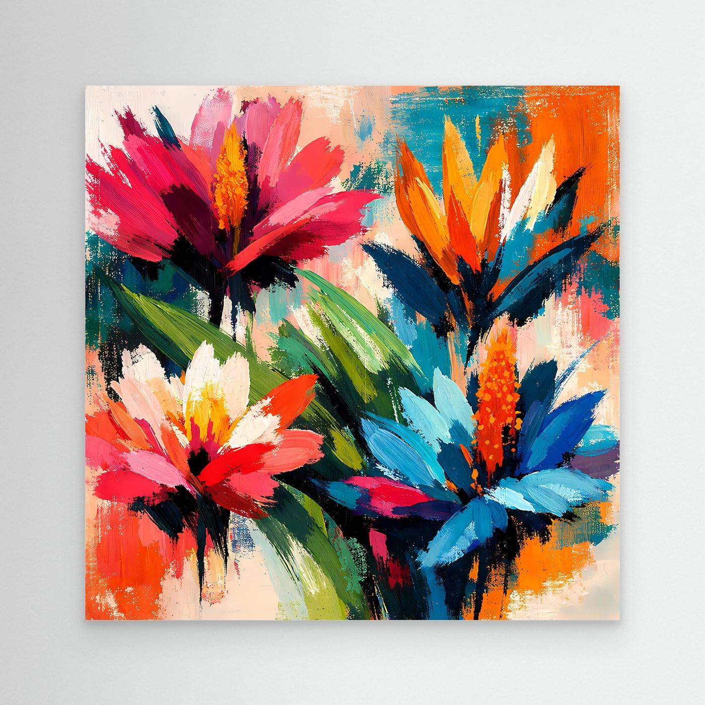 Abstract tropical flower wall art print with colorful blooms on a white-bordered canvas