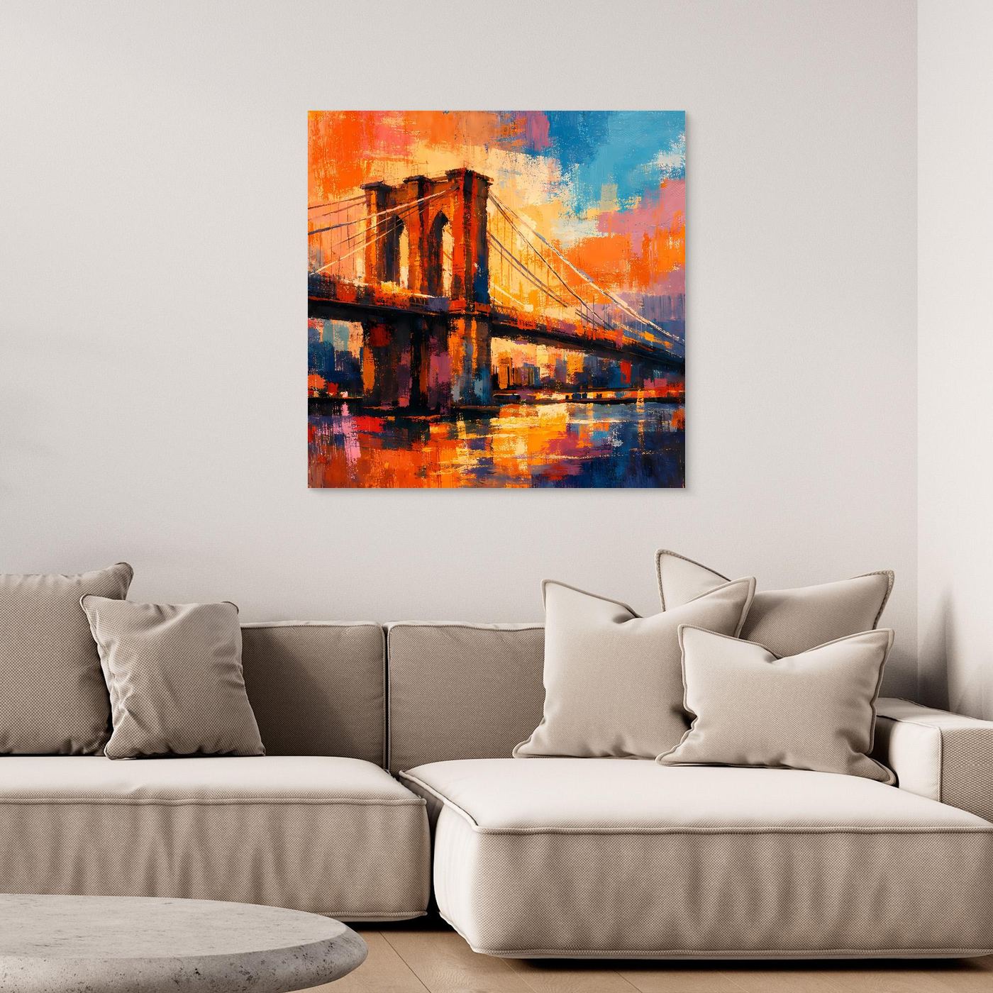 Leinwandbild mit abstrakter Brooklyn-Bridge in Orange und Blau mit dunklem Brückenmotiv