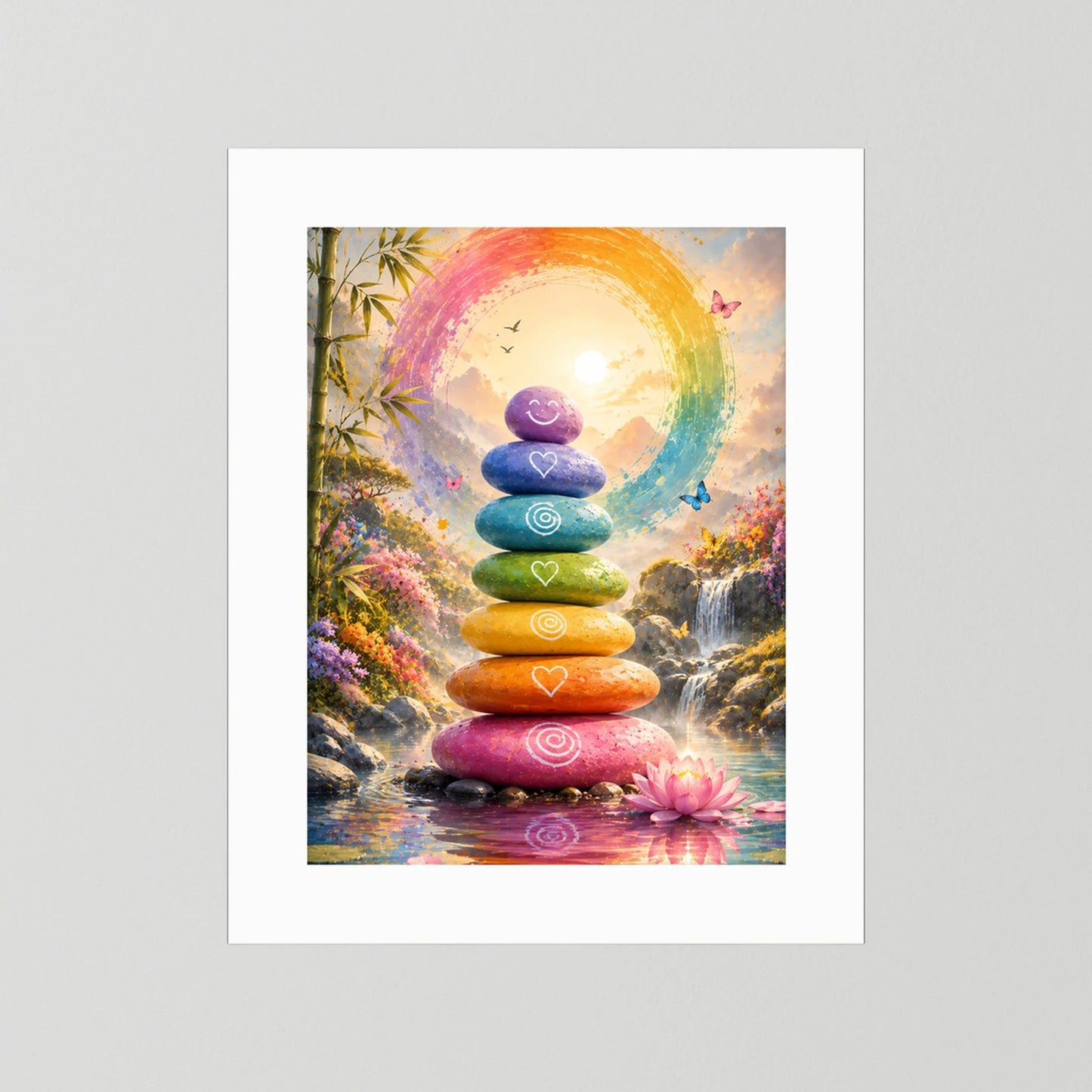 Poster im Hochformat mit weißem Rand: Regenbogen-Steinturm und Lotus