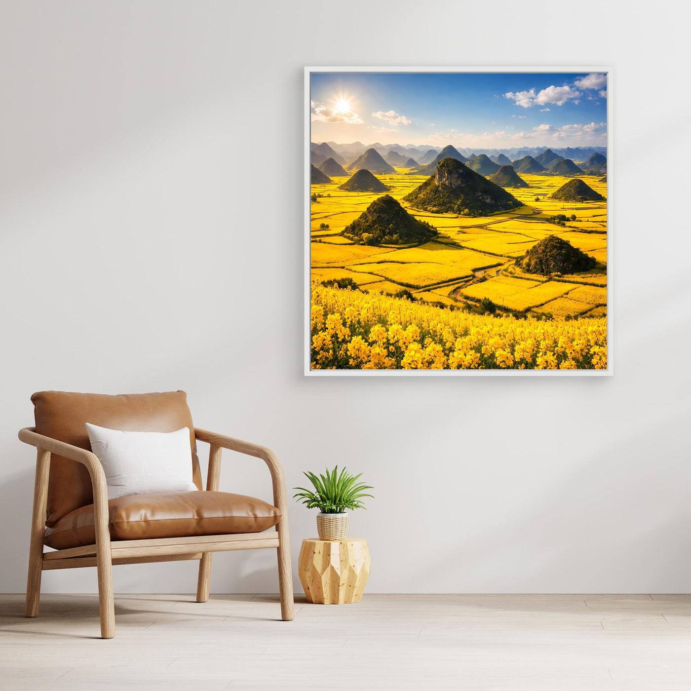 Leinwandbild mit goldenem Rapsfeld und Karstbergen im weißen Rahmen