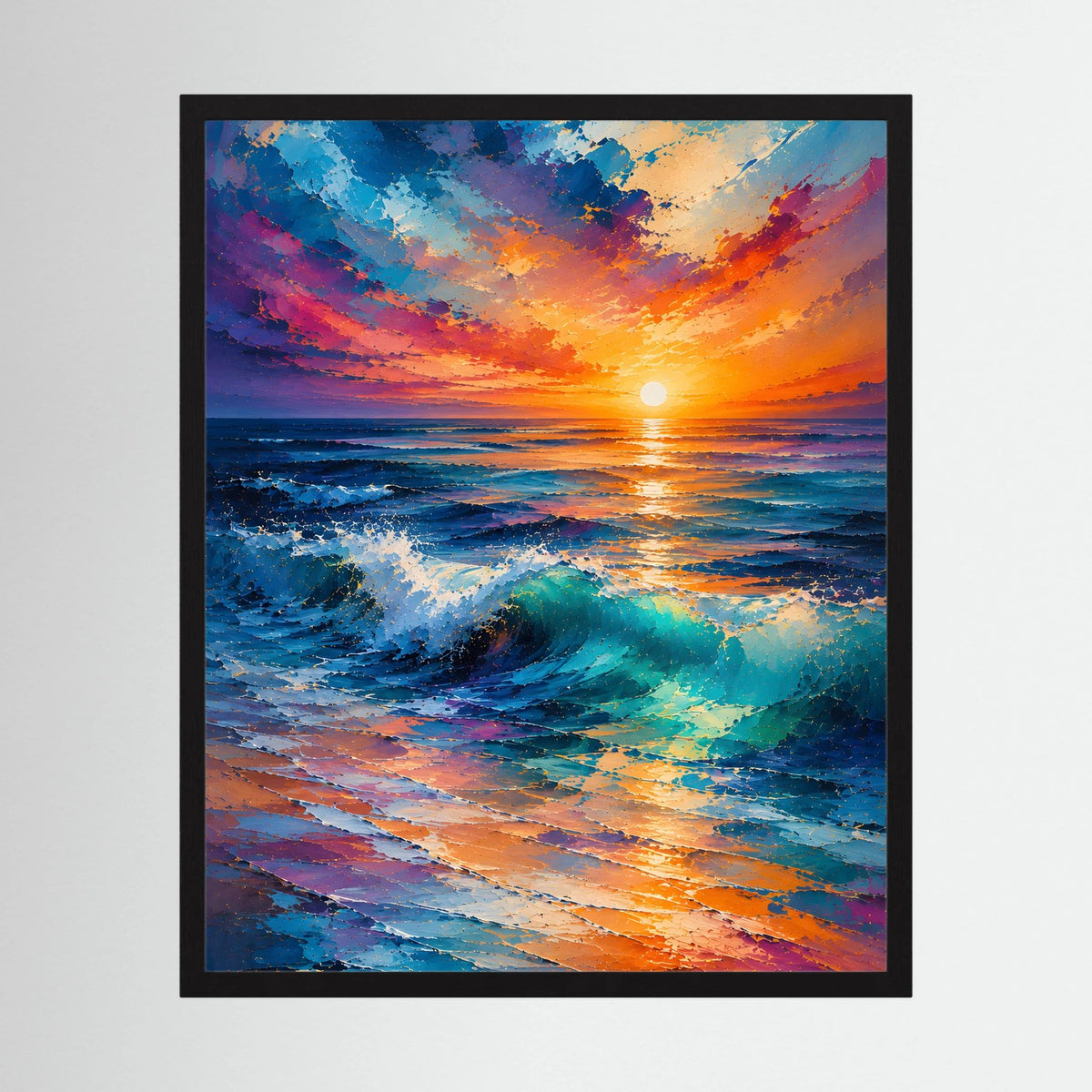 Hochformatiges gerahmtes Poster mit Sonnenuntergang über dem Meer und Wellen in Blau und Orange