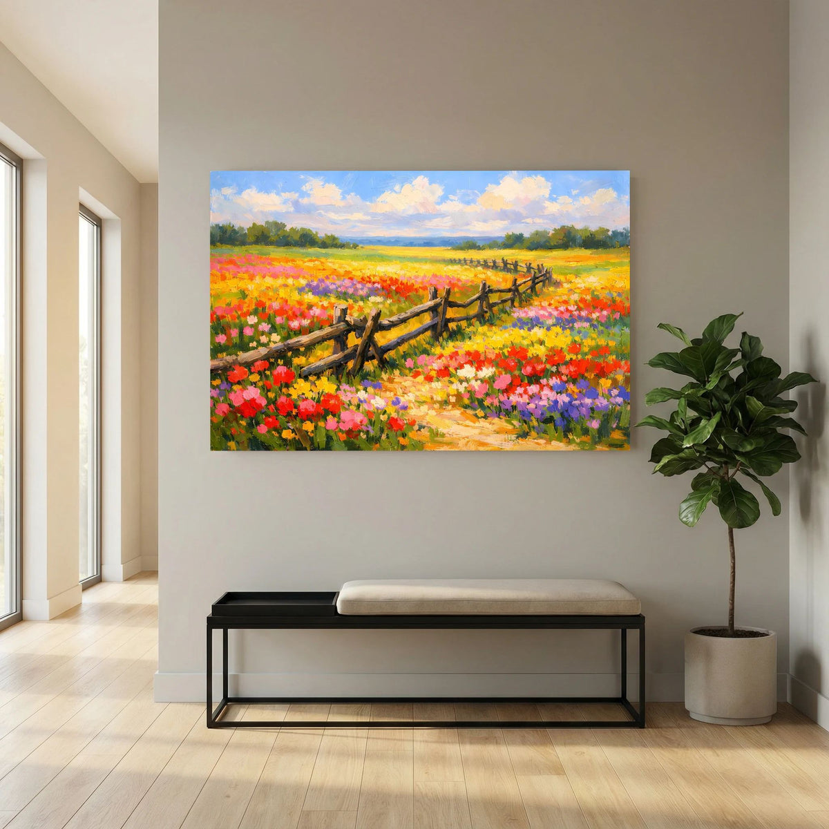Querformatiges Wandbild mit Blumenwiese, Feldweg und Holzzaunmotiv