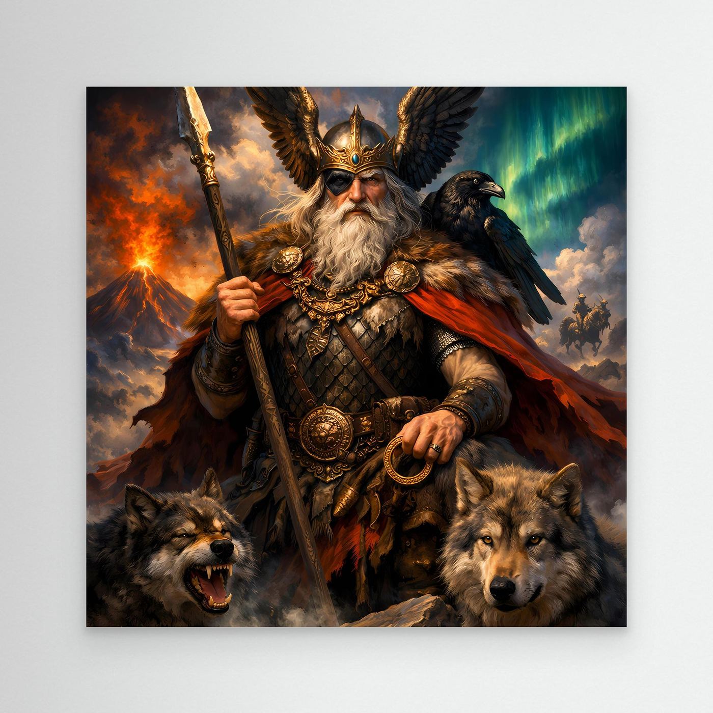 Leinwand Göttervater Odin mit Wölfen und Rabe | Mythologisches Wikinger Wandbild