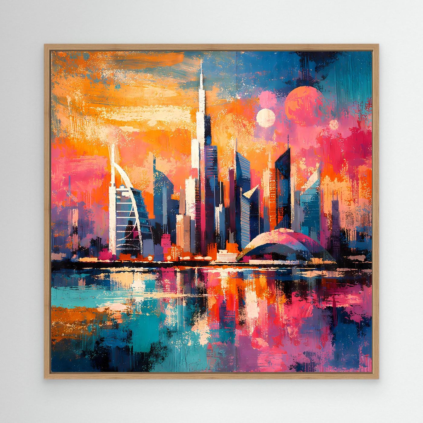 Abstraktes Leinwandbild: bunte Dubai-Skyline bei Nacht, Spiegelung im Wasser, Holzrahmen