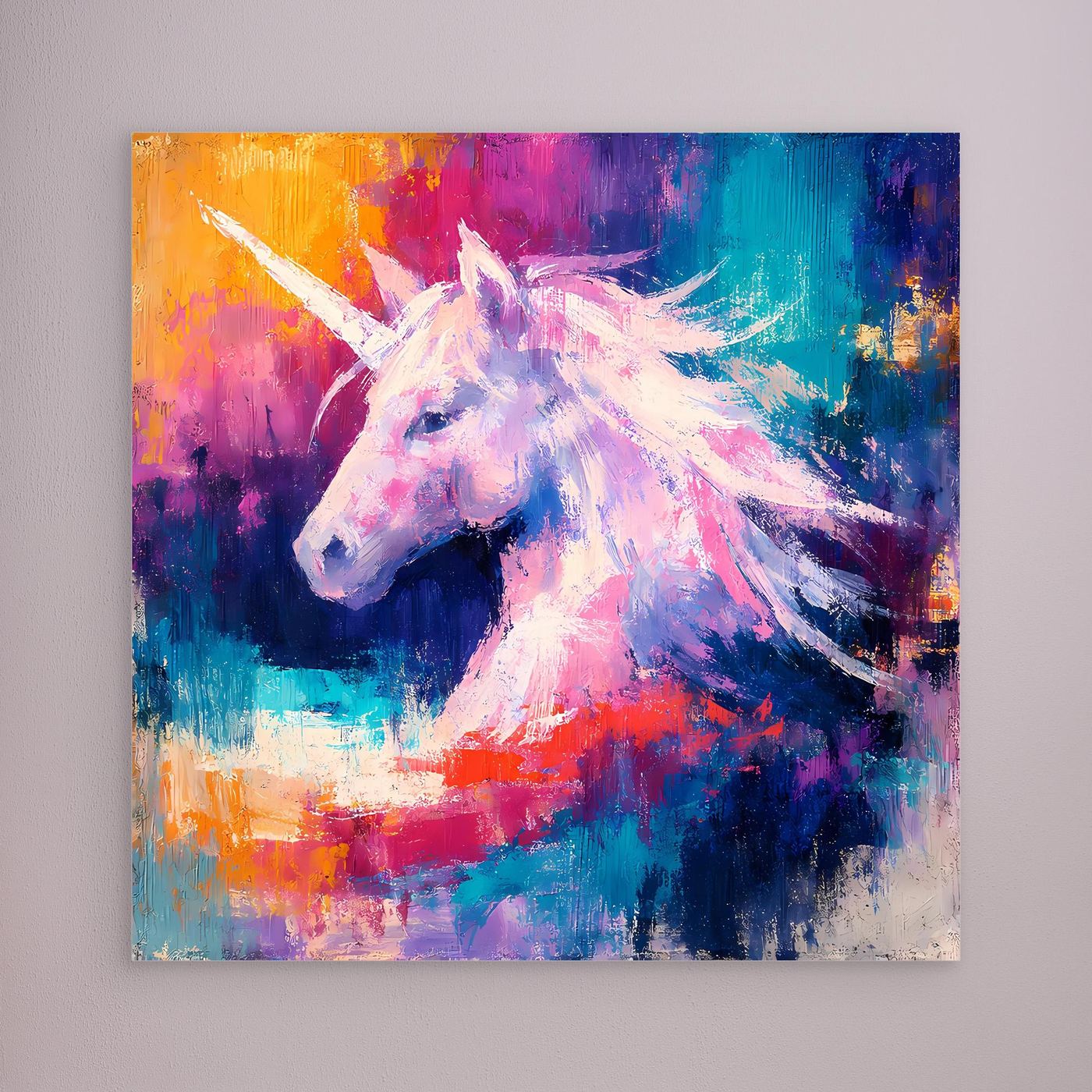 Leinwand Elegantes Einhorn im Farbenmeer | Abstraktes Fantasy & Pastell Wandbild