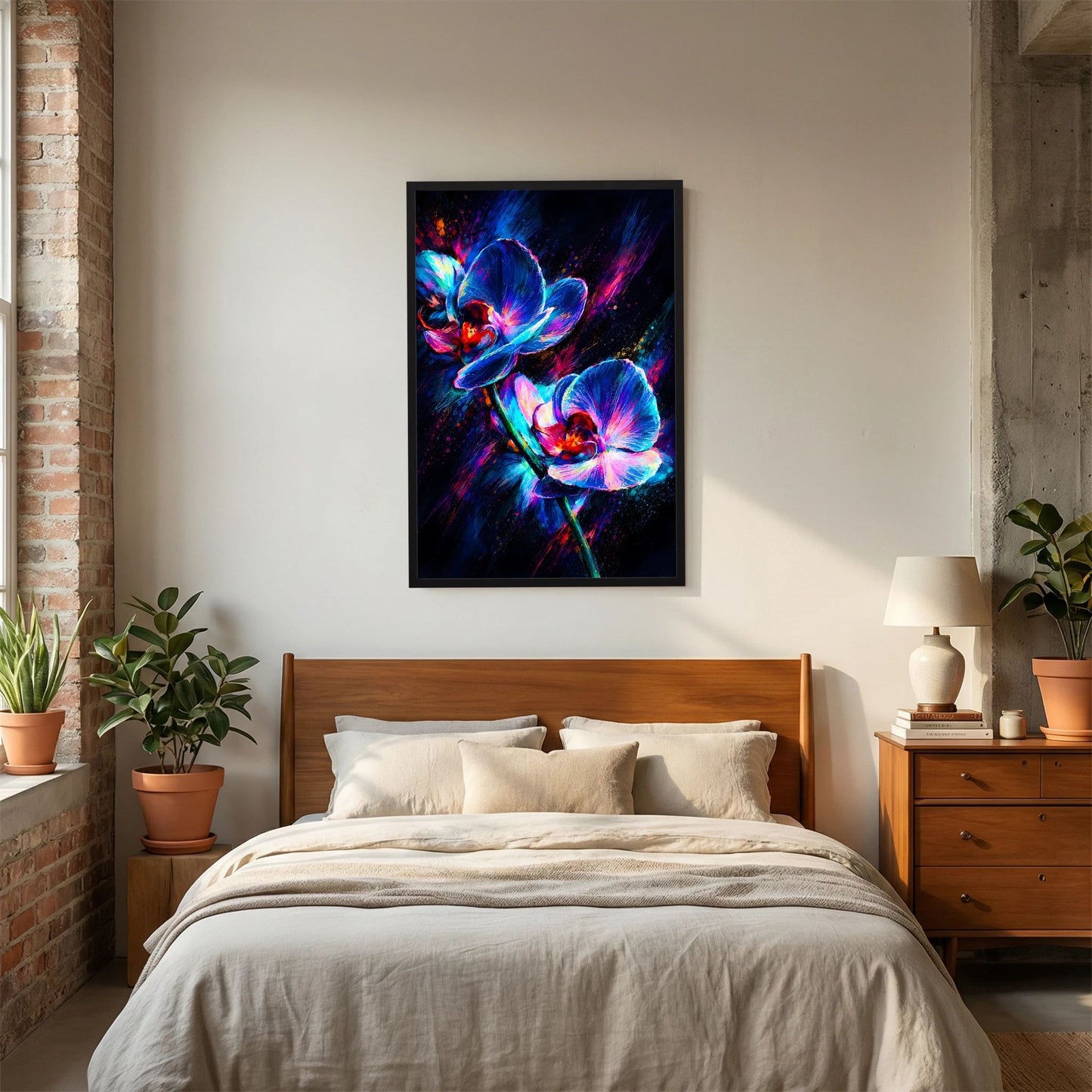 Hochformat-Poster mit Neon-Orchideen in Blau & Pink, abstrakte Blumen, schwarzer Rahmen