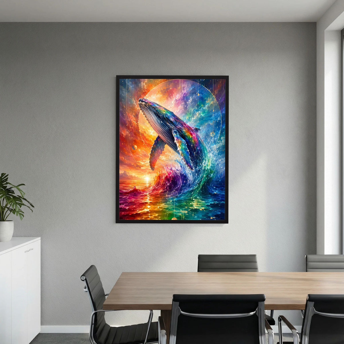 Poster mit schwarzem Rahmen: Walmotiv in Regenbogenfarben, leuchtende Horizontfarben