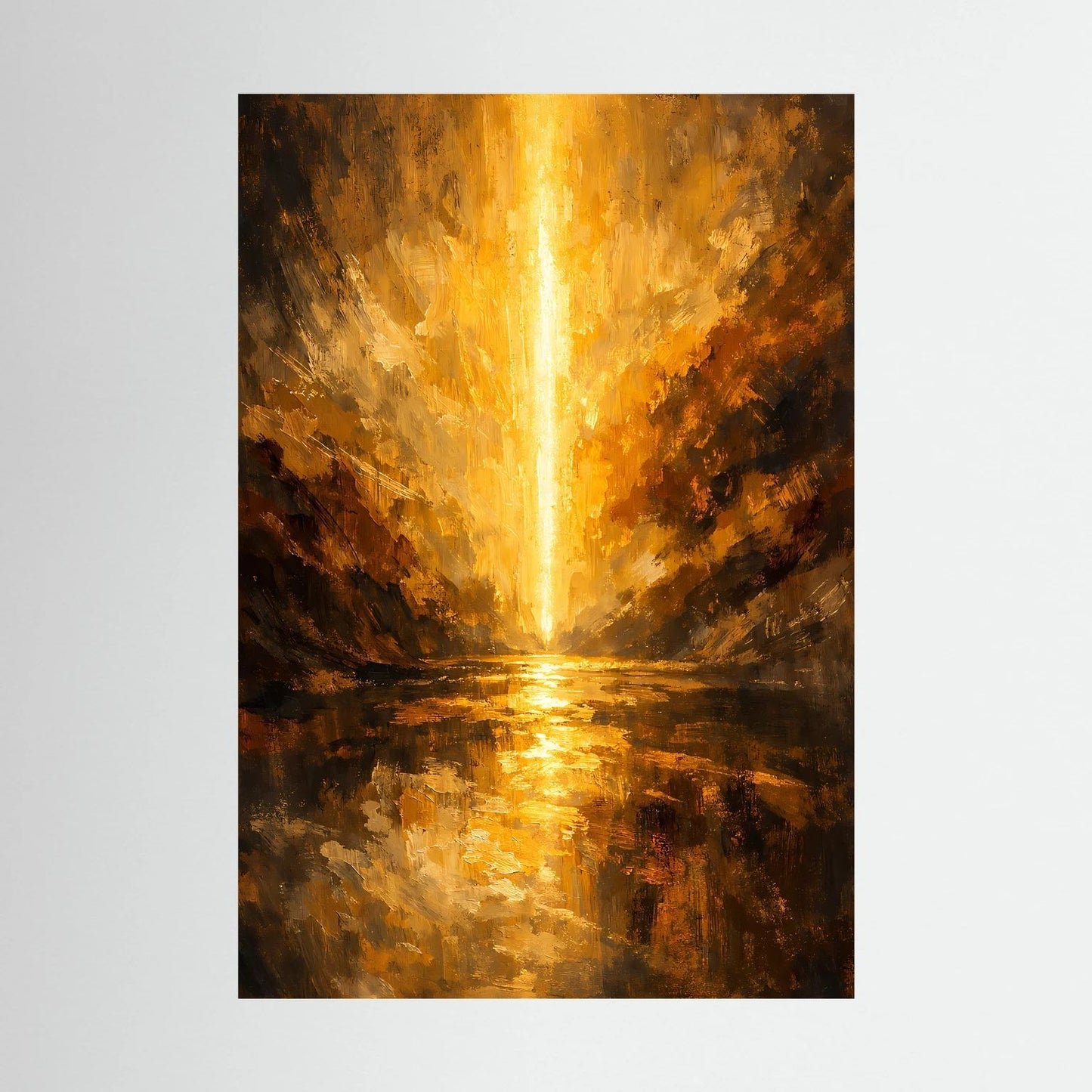 Hochformat-Poster ohne Rahmen, goldene Lichtquelle im Canyon, abstrakt in Schwarz und Gold